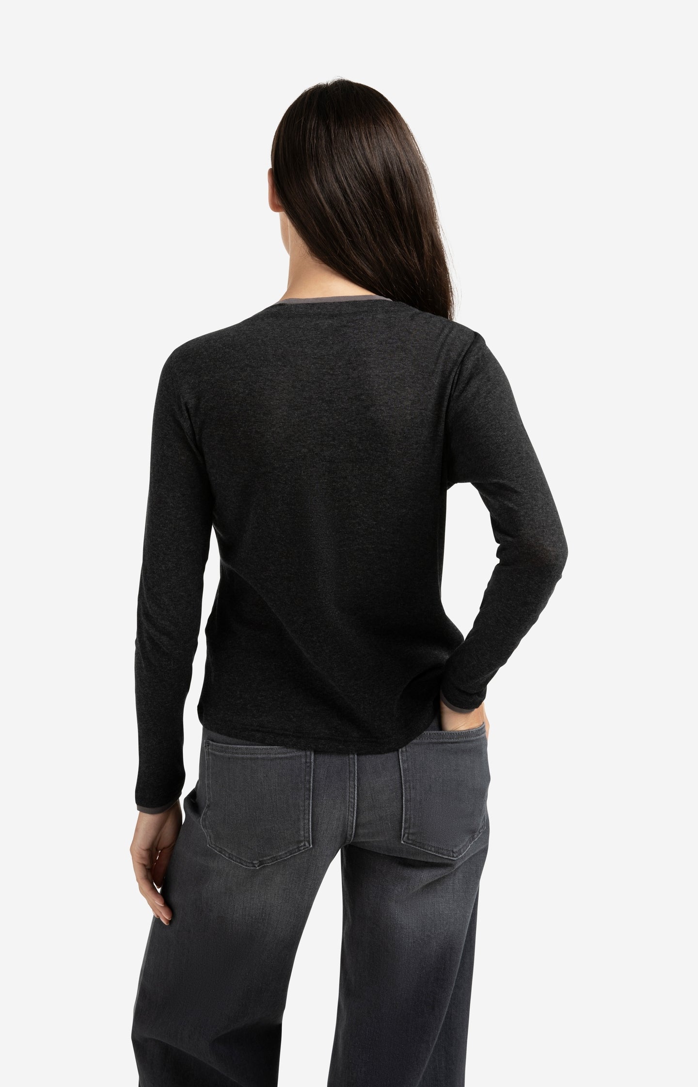 Long sleeve top with suedine trim neckline