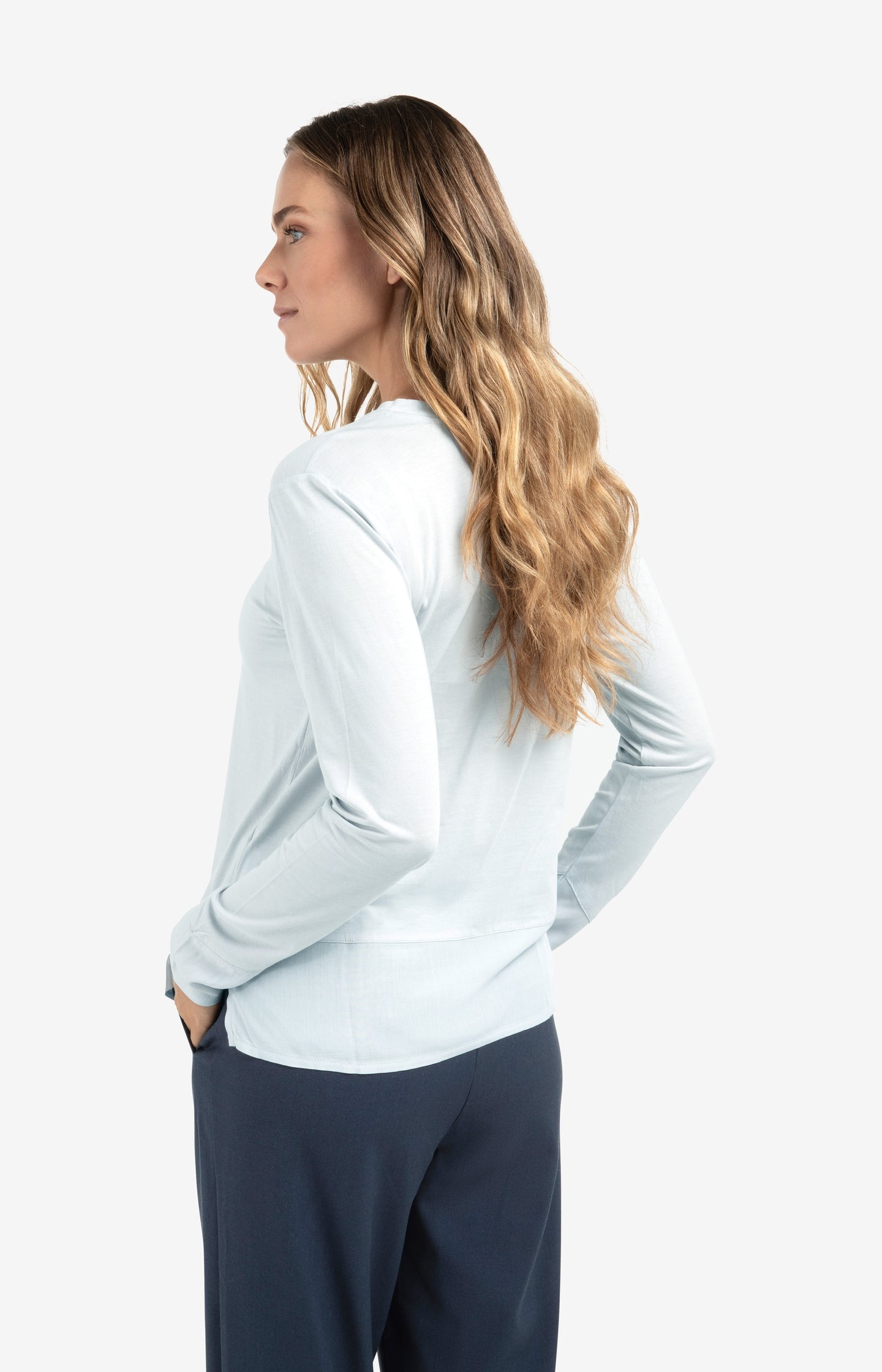 Long sleeve top with woven hem and cuff details
