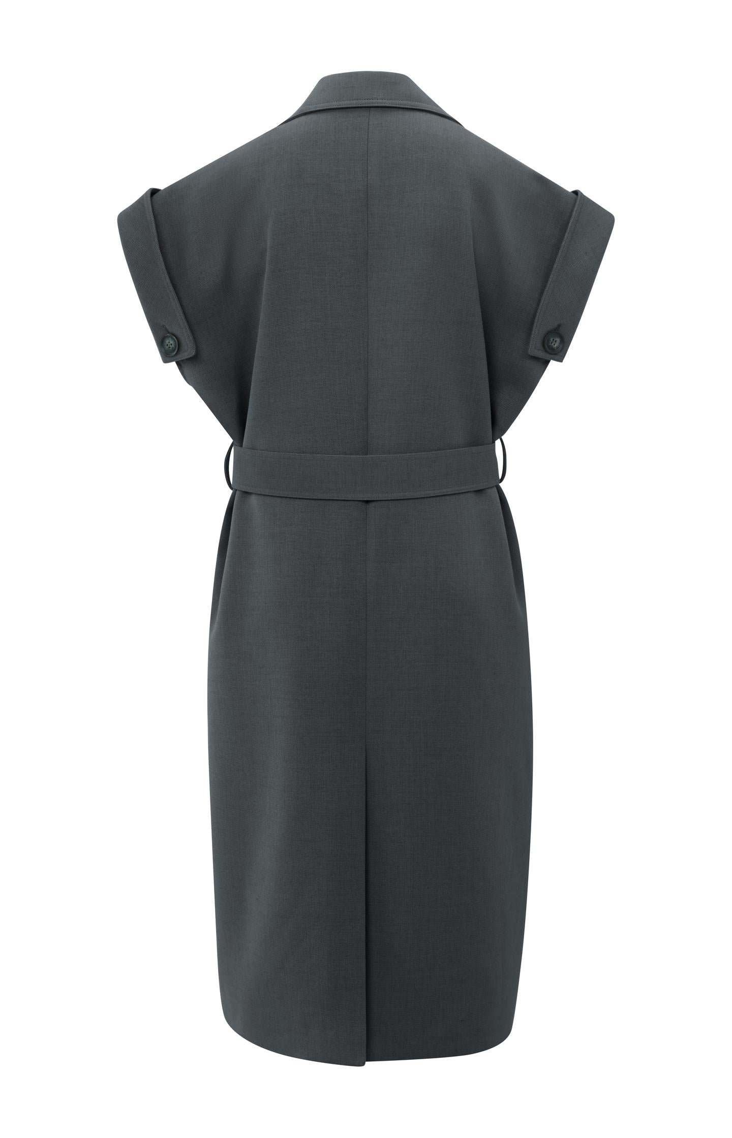 Long sleeveless coat with lapels and waist belt