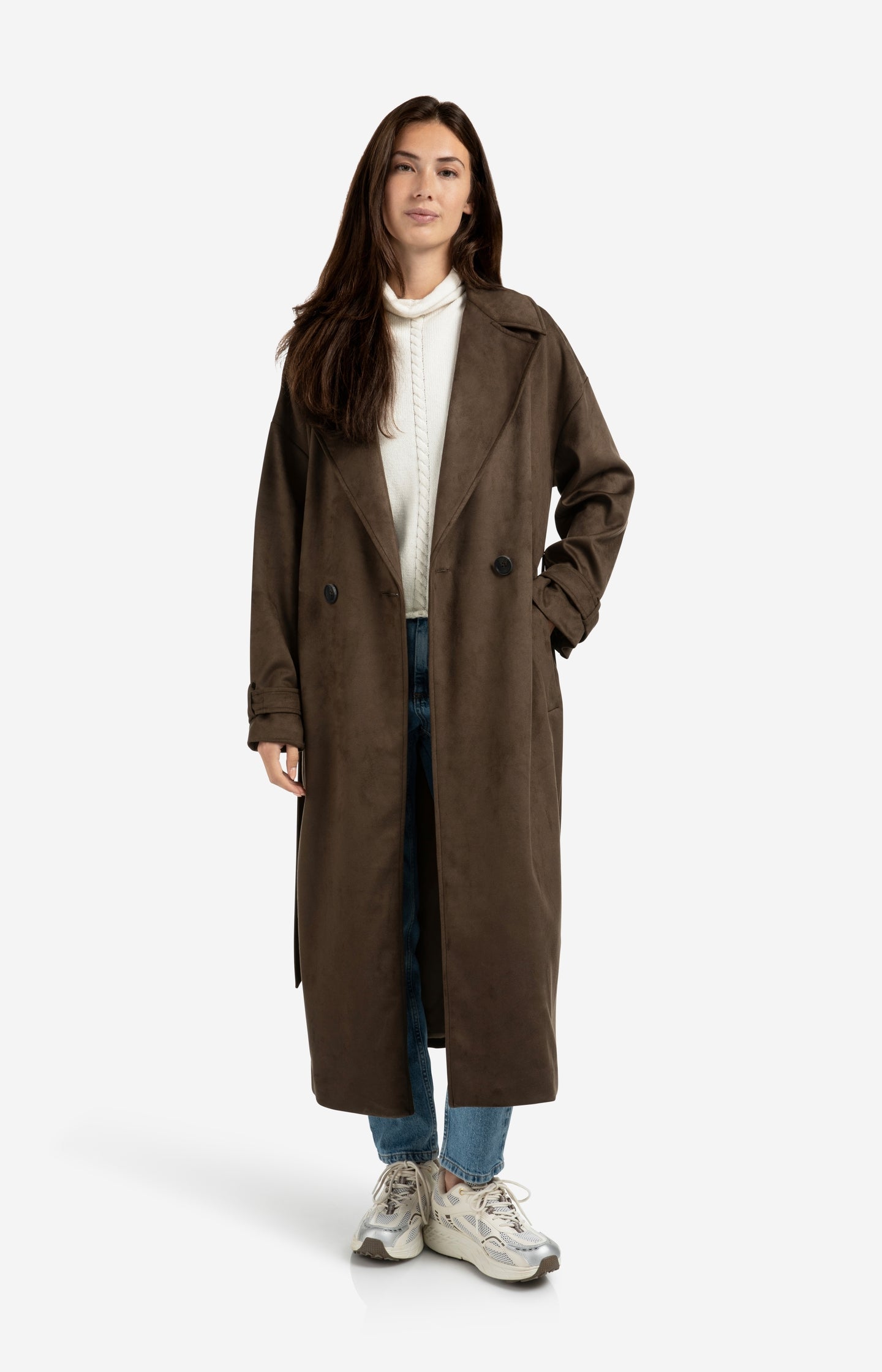 Long suedine coat with belt