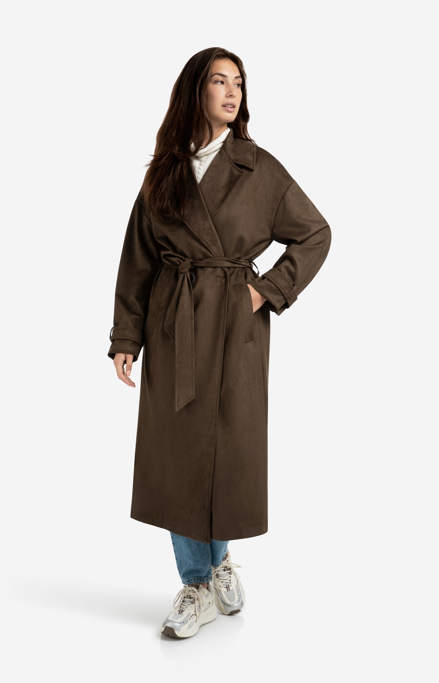 Long suedine coat with belt