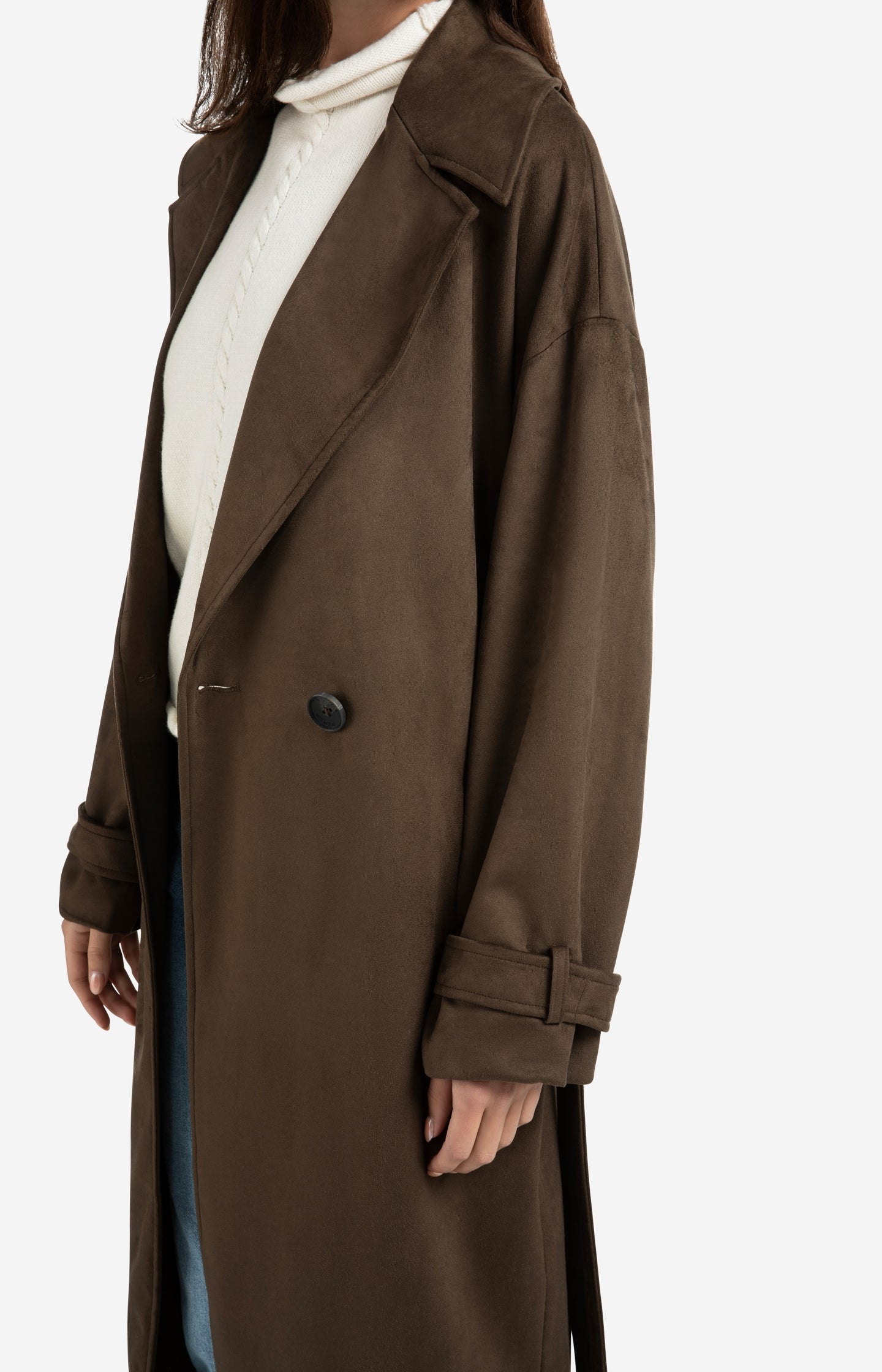 Long suedine coat with belt