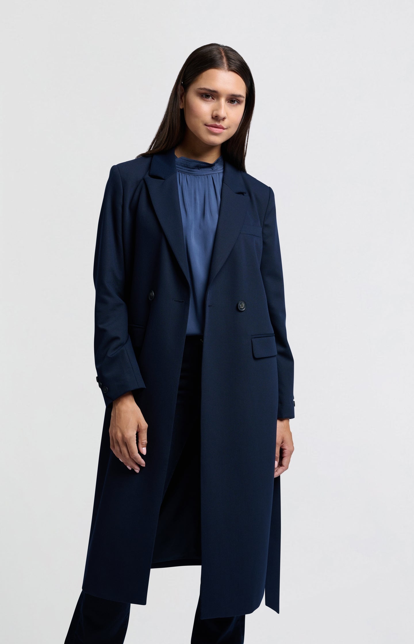 Long woven blazer coat with belt