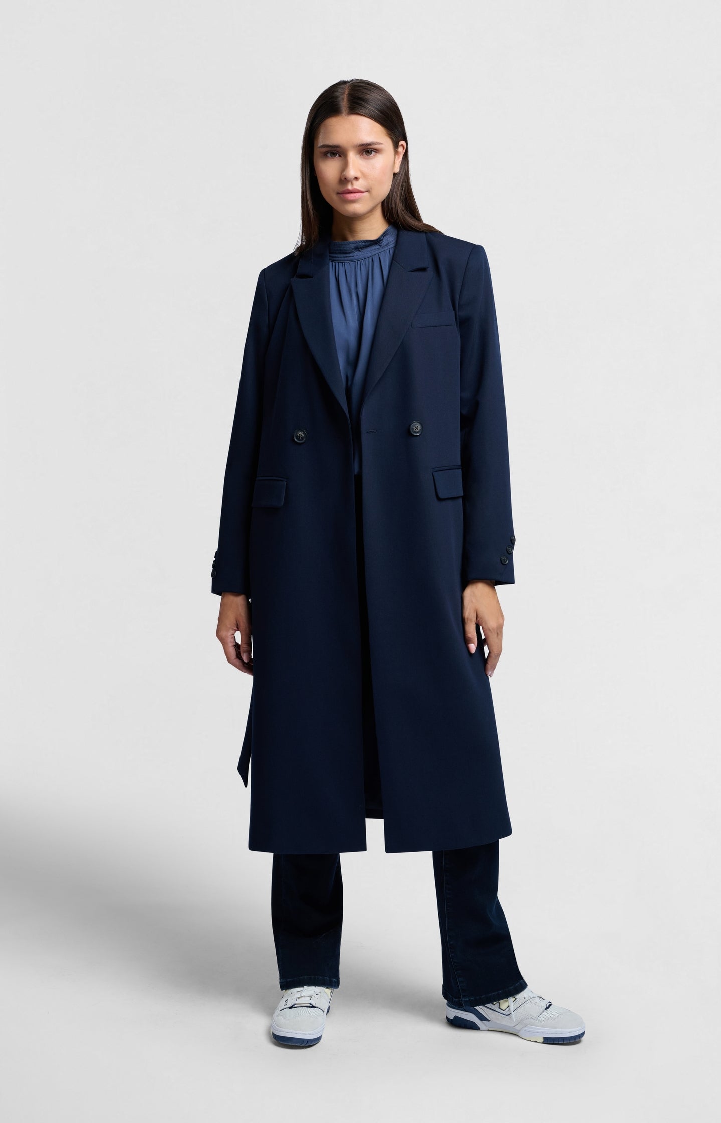 Long woven blazer coat with belt