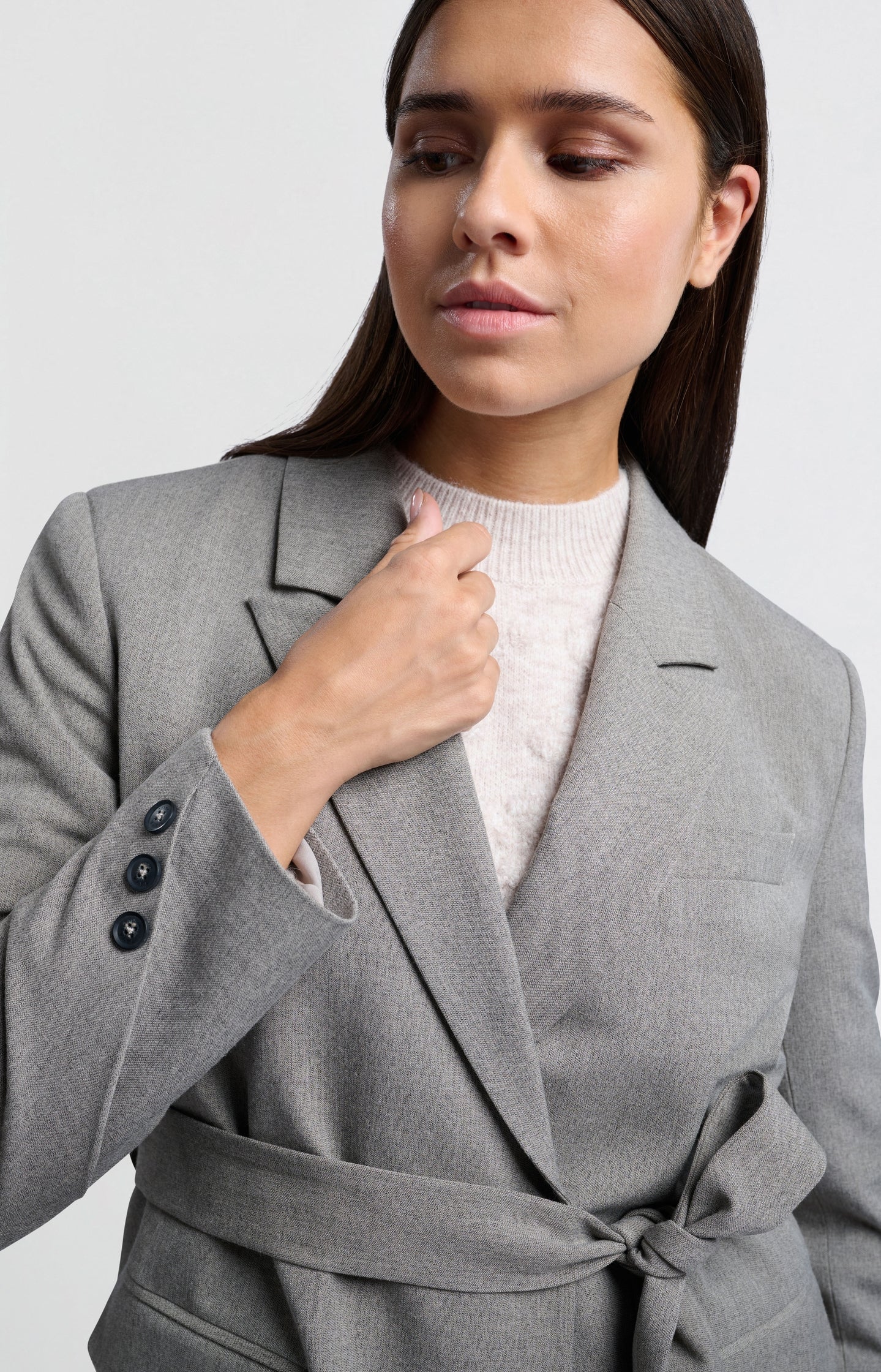 Long woven blazer coat with belt pockets and collar