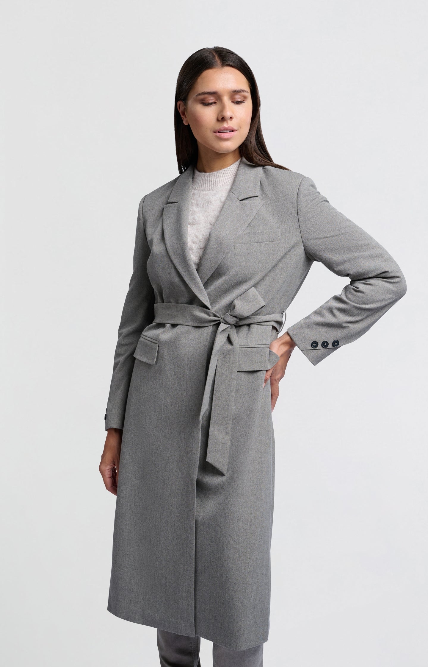 Long woven blazer coat with belt, pockets and collar