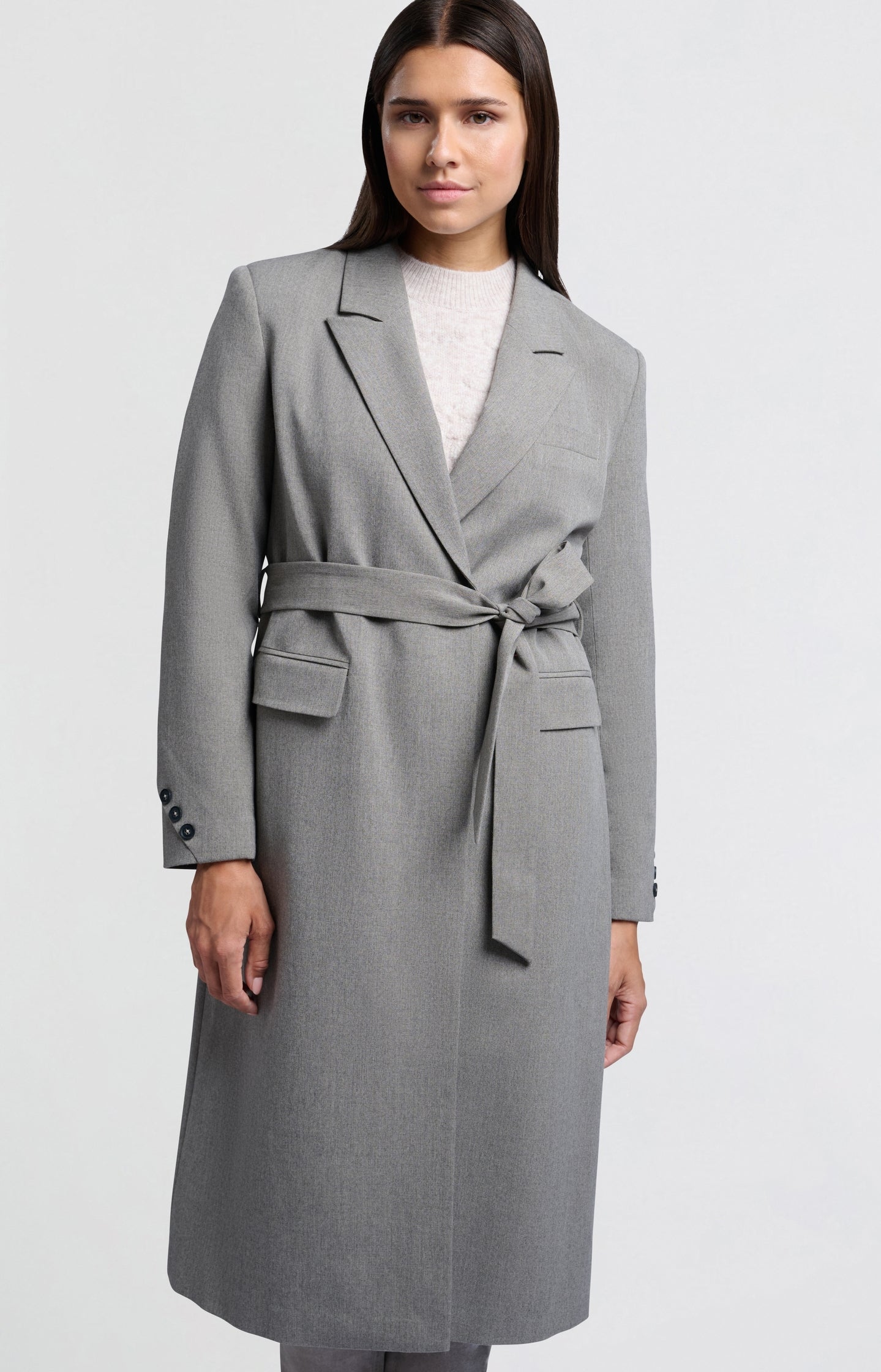 Long woven blazer coat with belt, pockets and collar