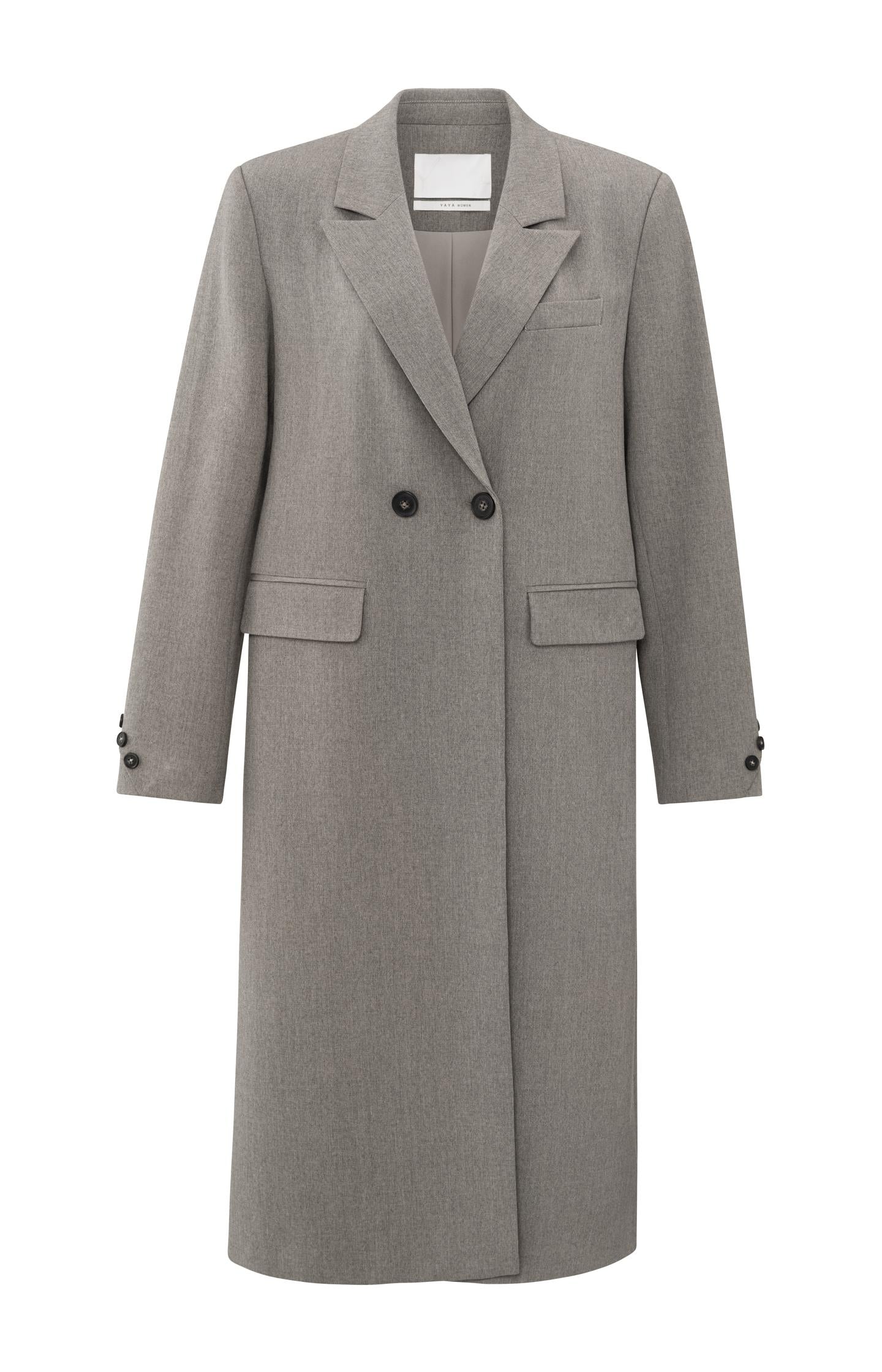 Long woven blazer coat with belt, pockets and collar