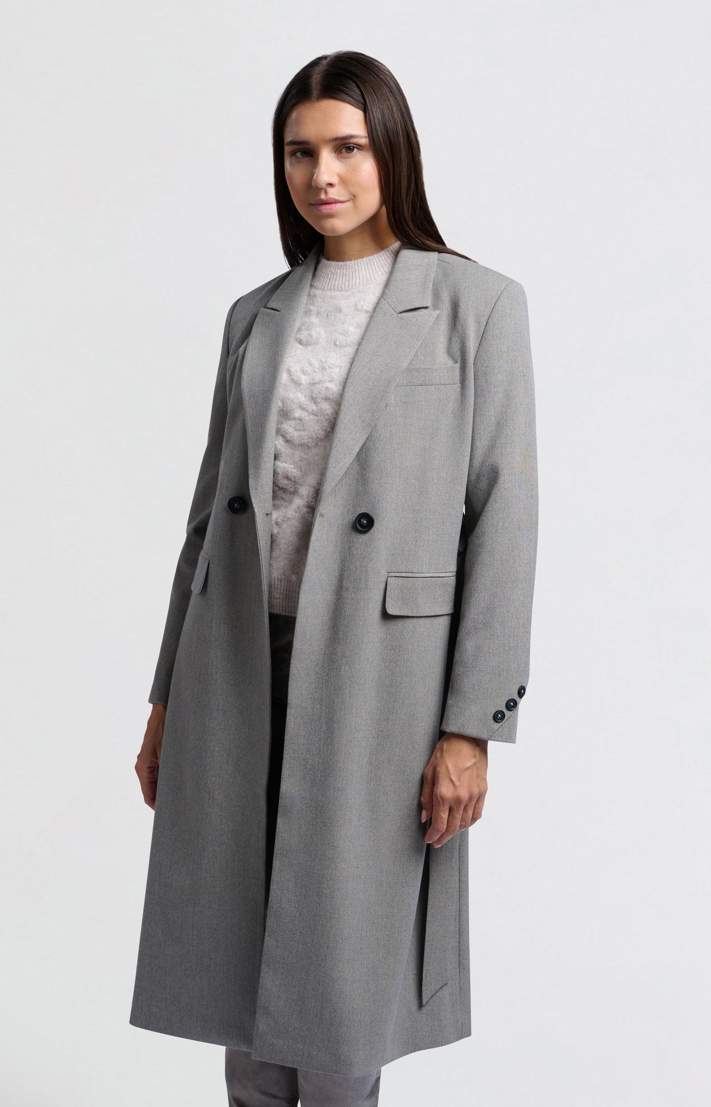 Long woven blazer coat with belt, pockets and collar