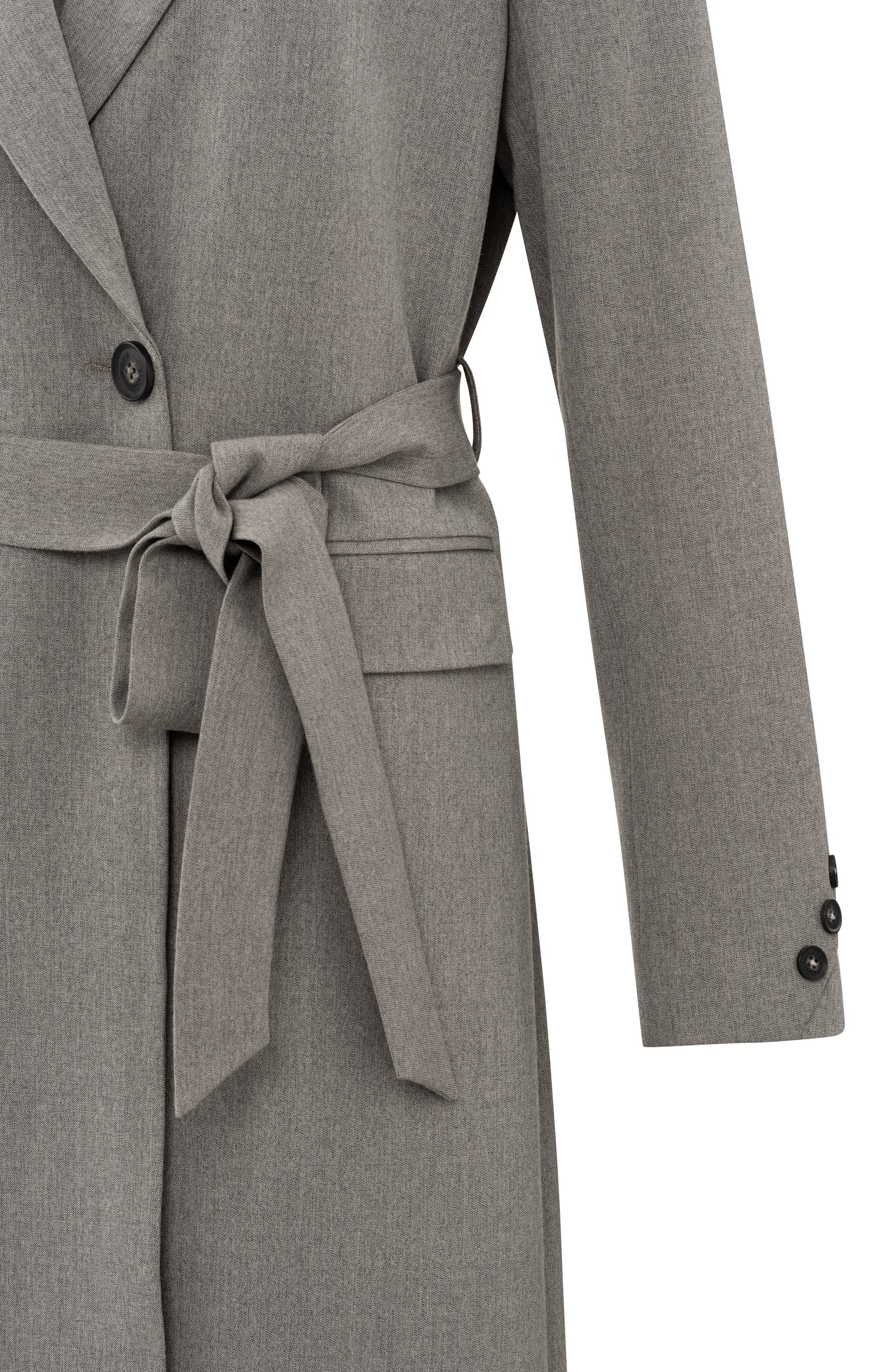 Long woven blazer coat with belt, pockets and collar