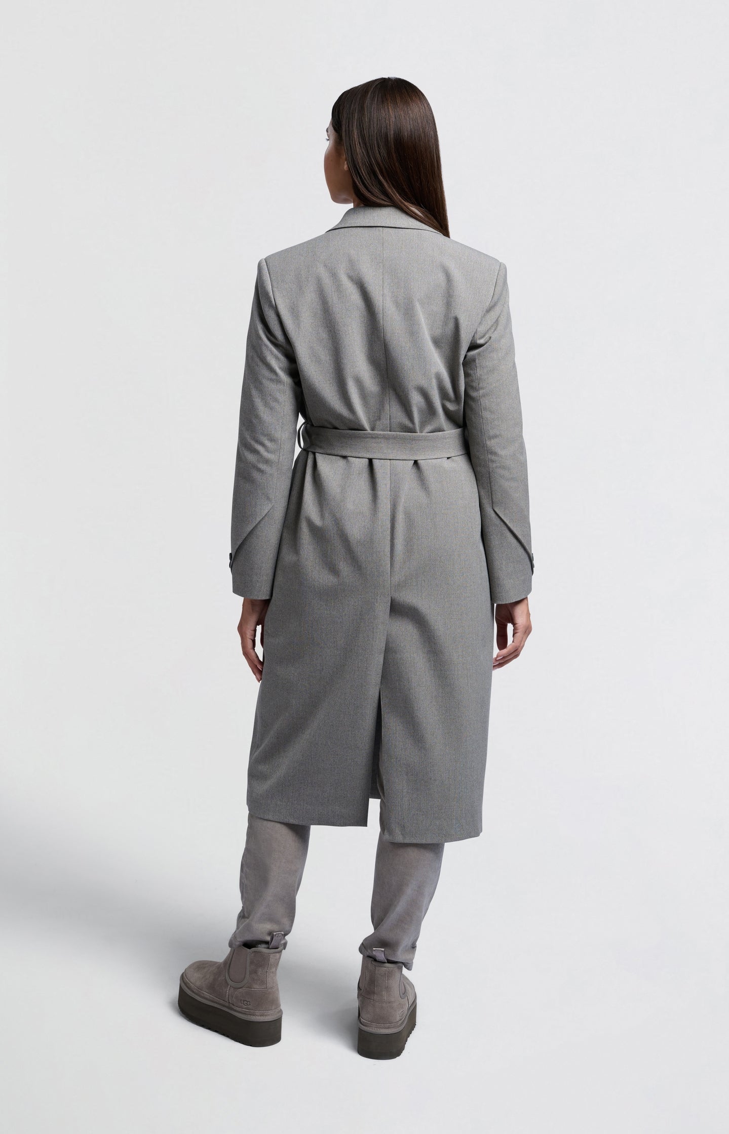 Long woven blazer coat with belt, pockets and collar