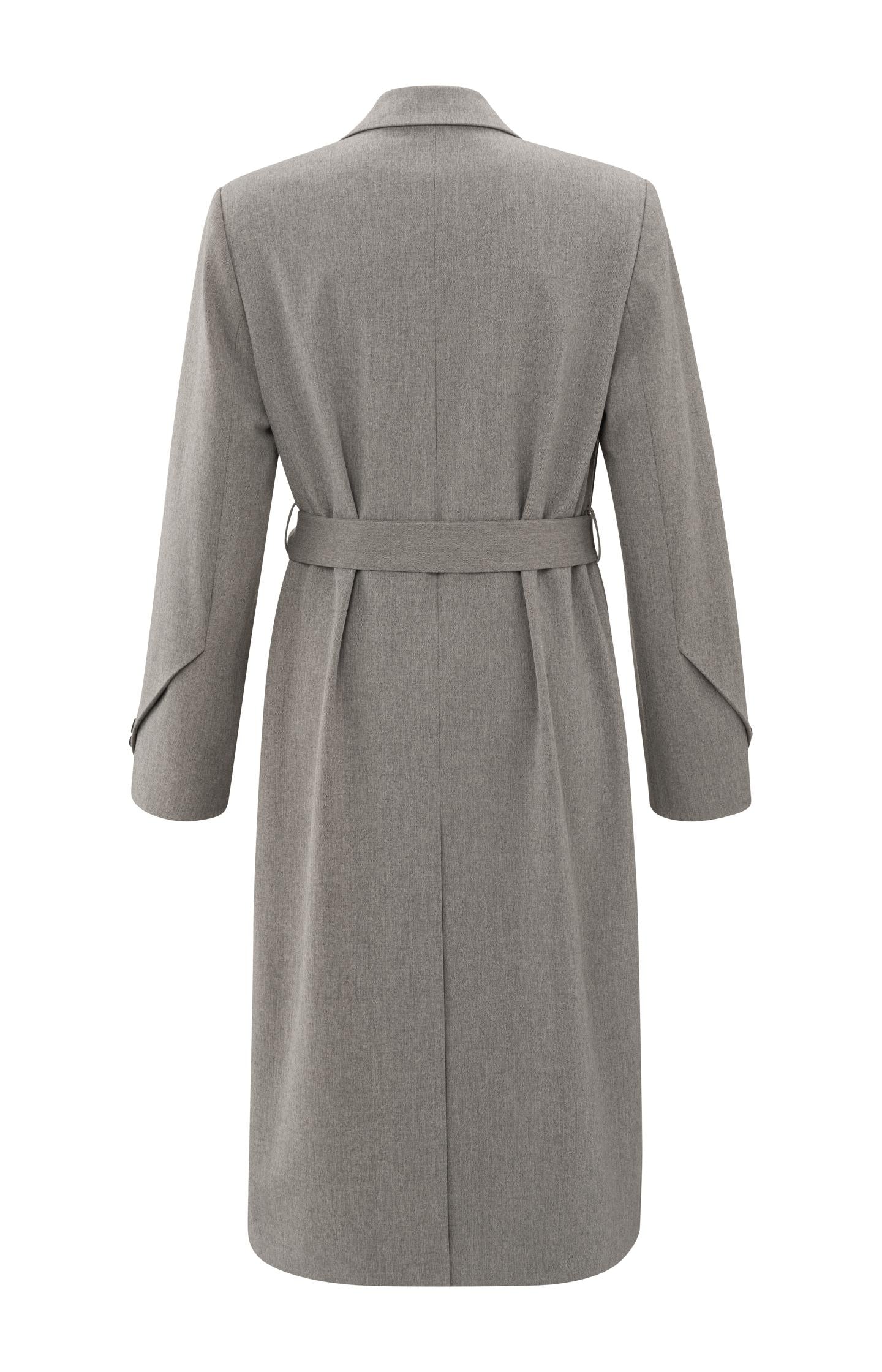 Long woven blazer coat with belt, pockets and collar