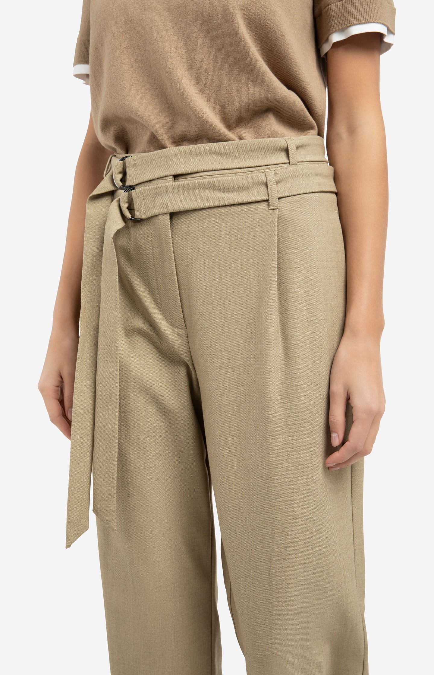 Loose fit trousers with double belt and button detail - Brown