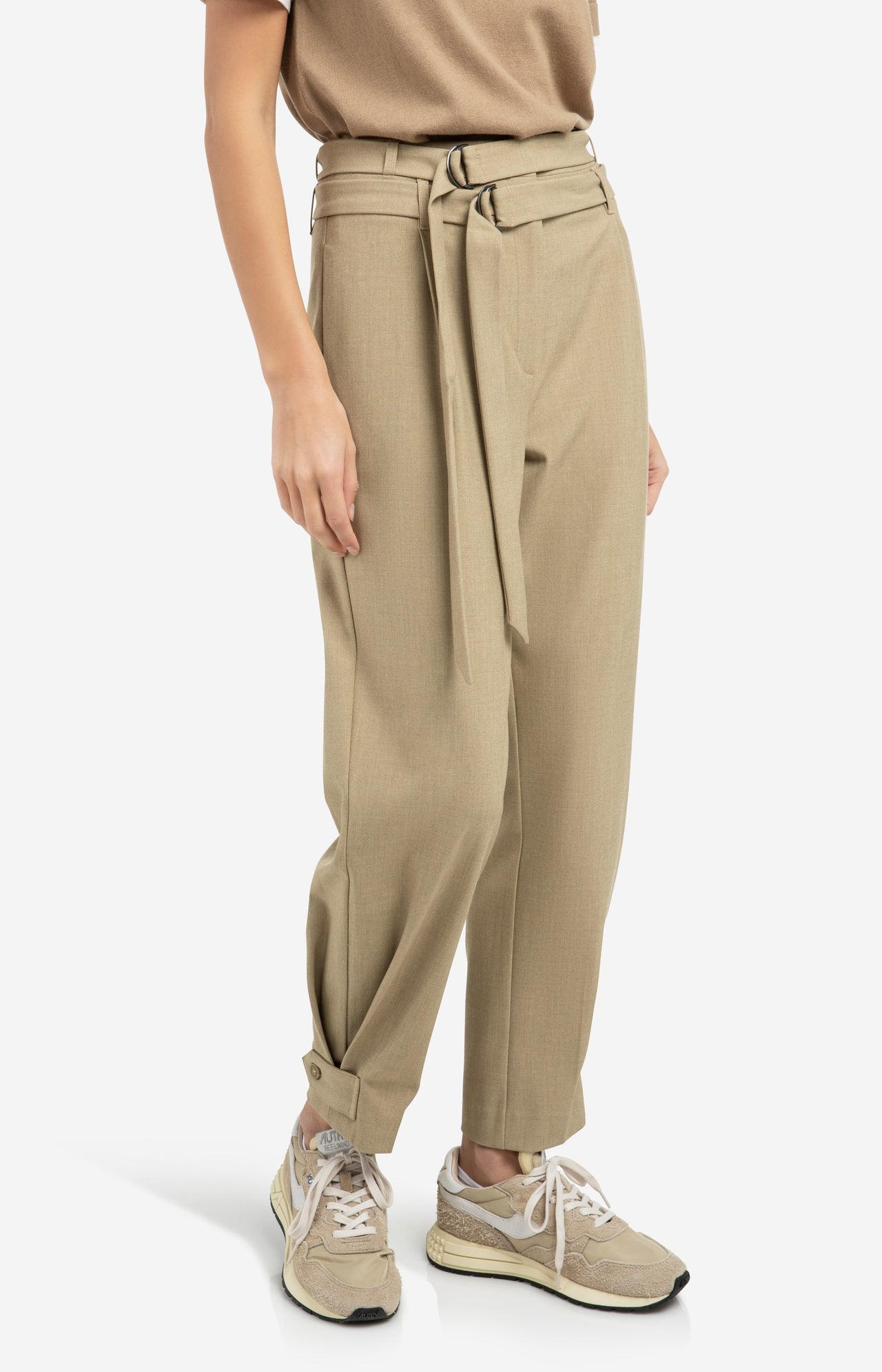 Loose fit trousers with double belt and button detail - Brown