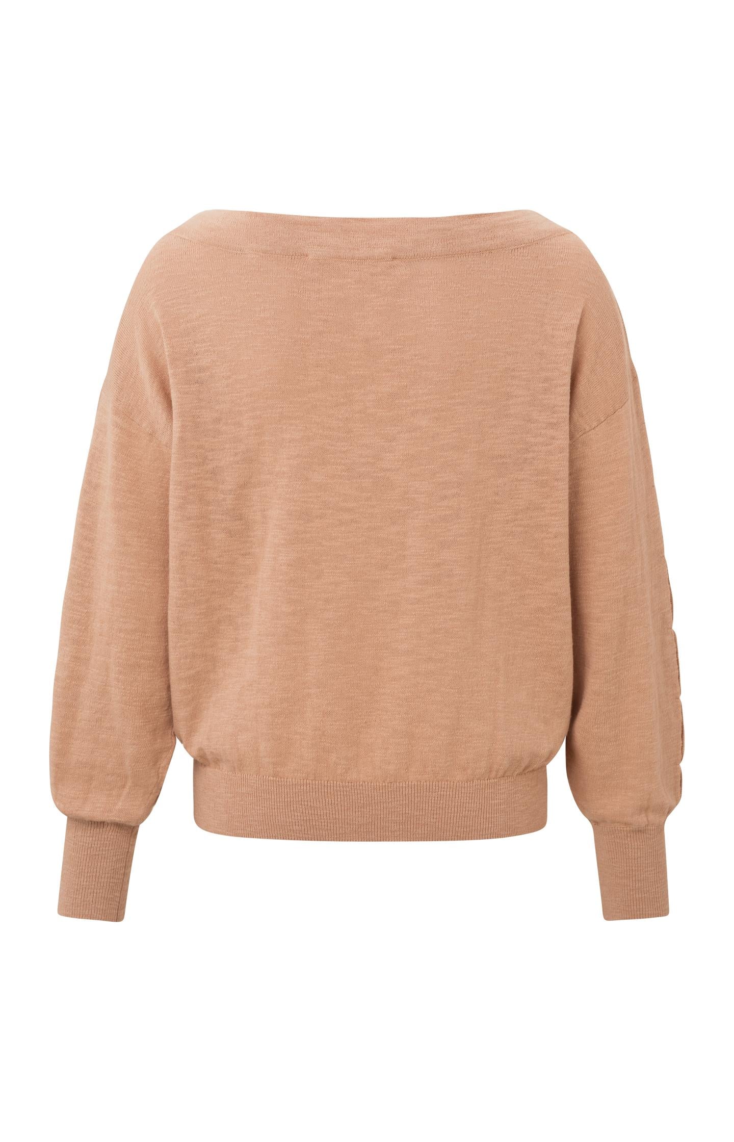 Loose sweater with boatneck, long sleeves, and bartacks