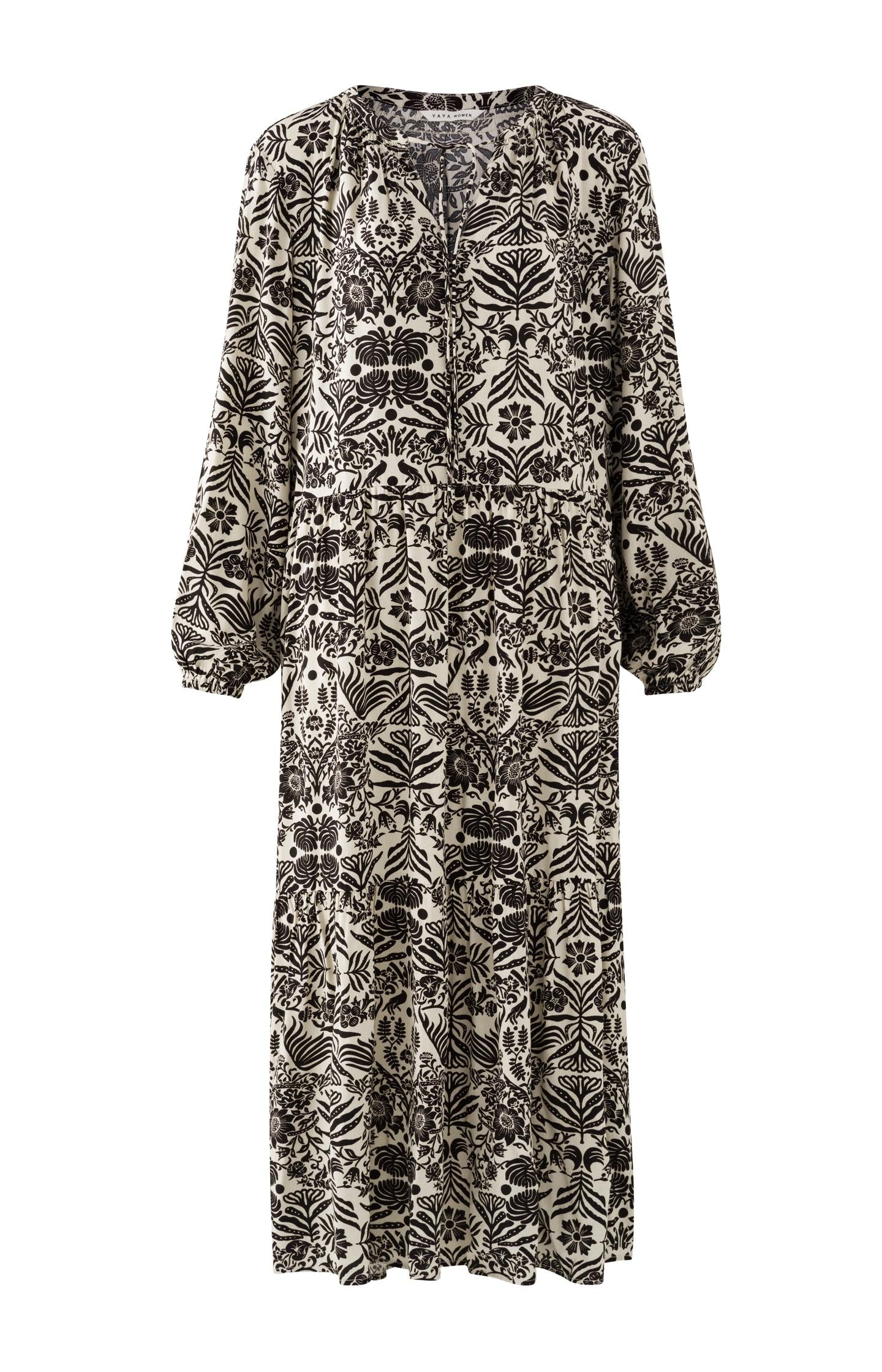 Maxi dress with V-neck, long sleeves and folklore print - Type: product