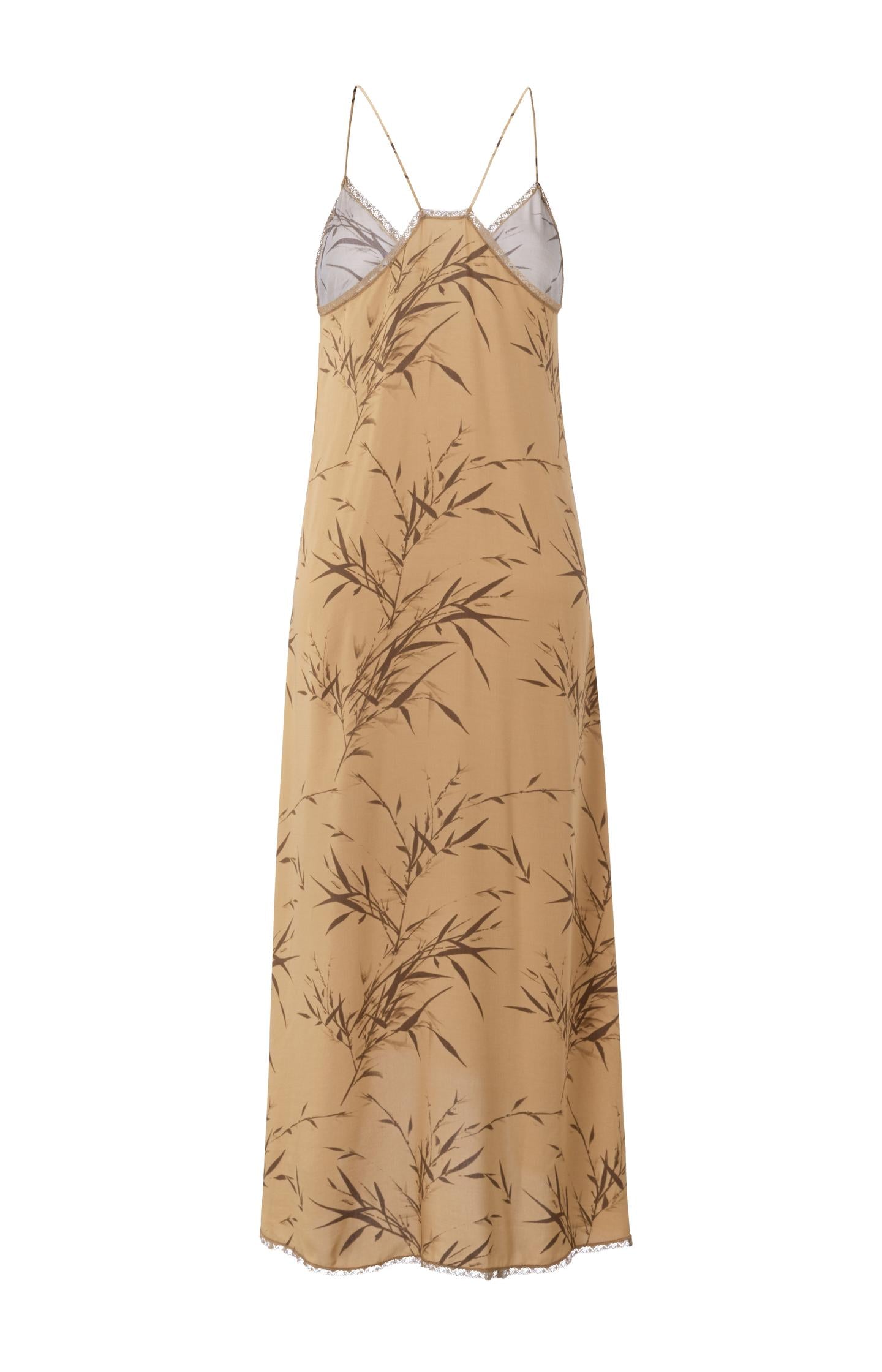 Maxi dress with V-neck, straps, bamboo print and lace detail