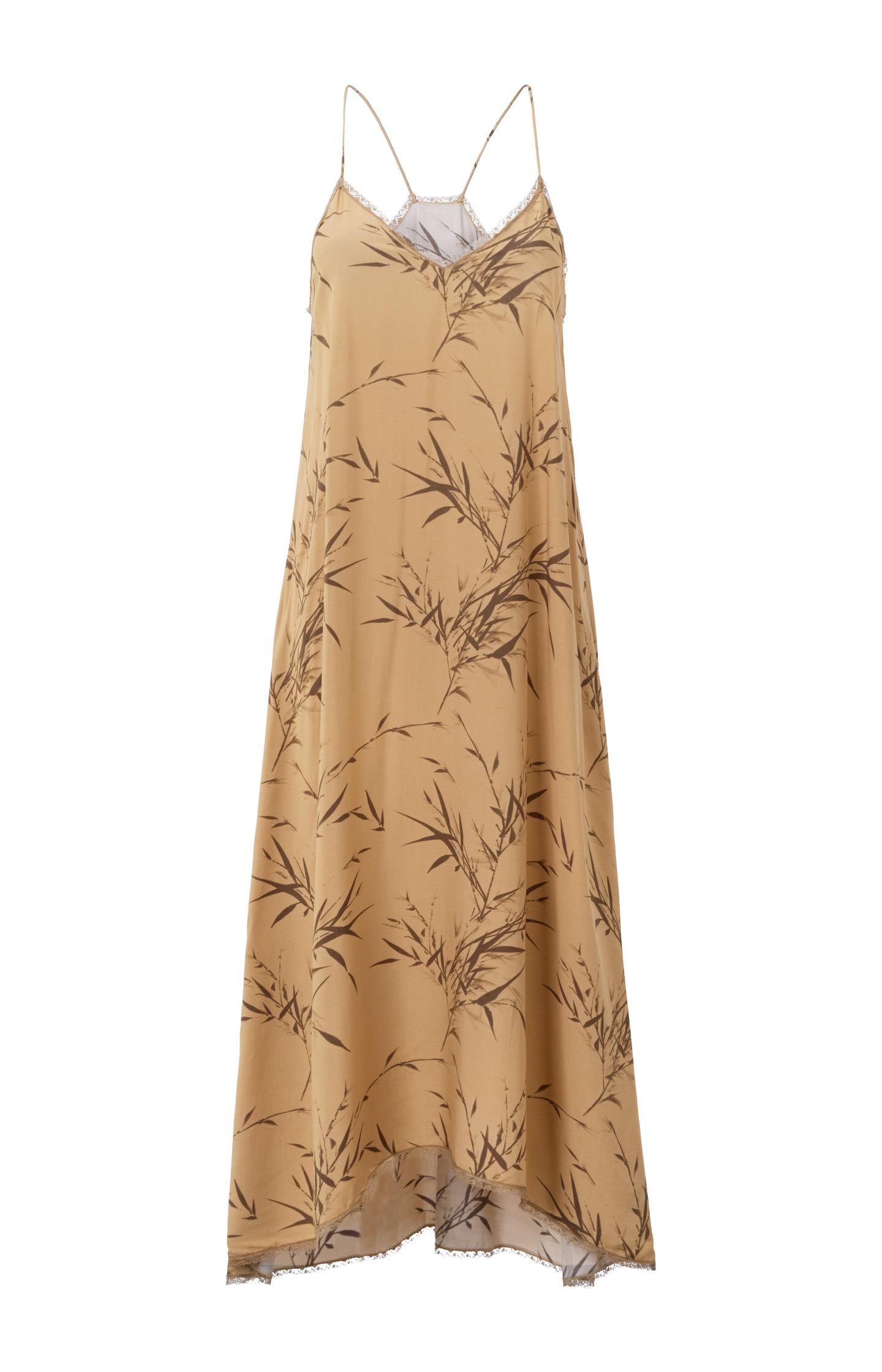 Maxi dress with V-neck, straps, bamboo print and lace detail - Type: product