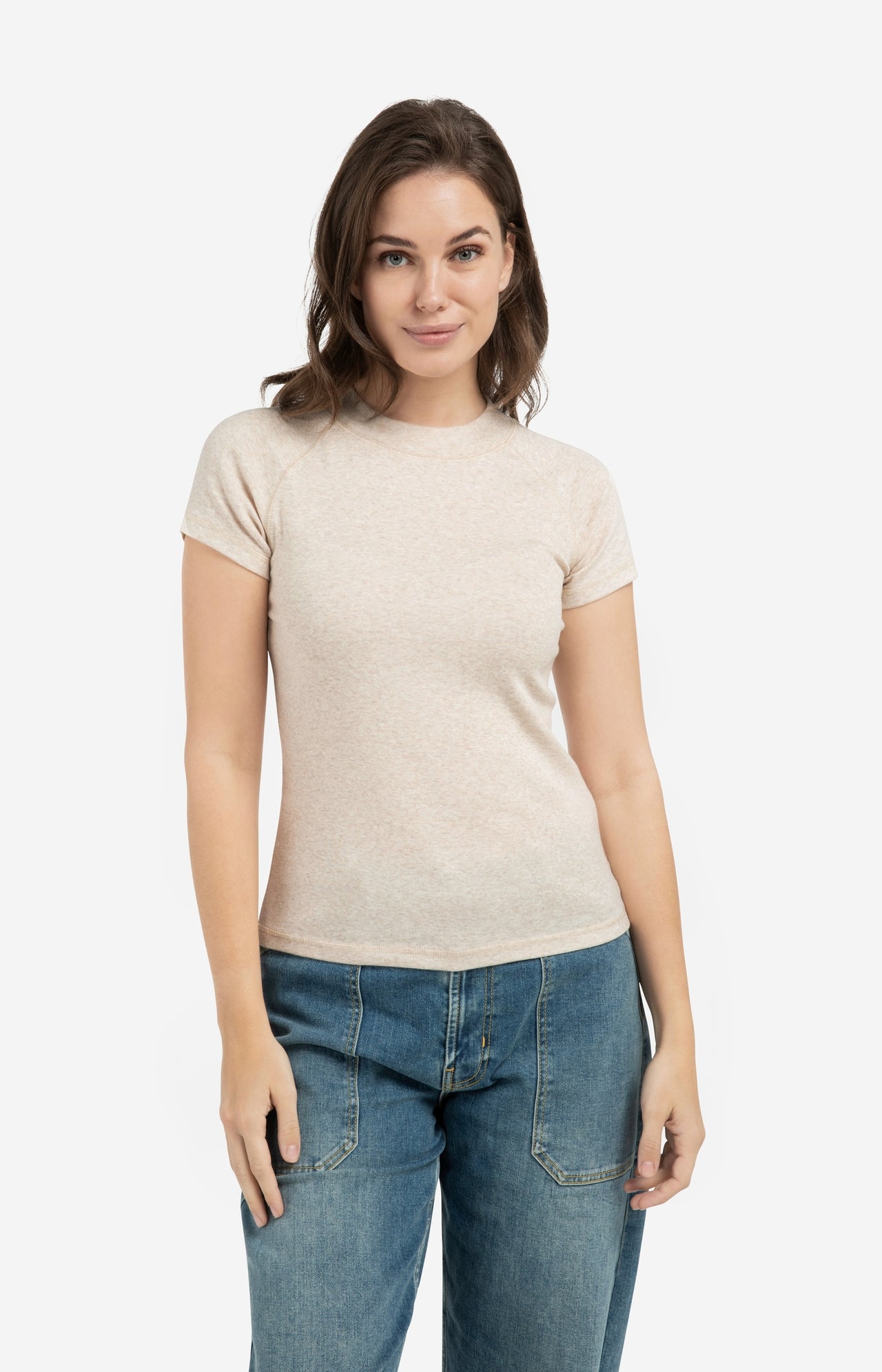 Melange top with short raglan sleeves
