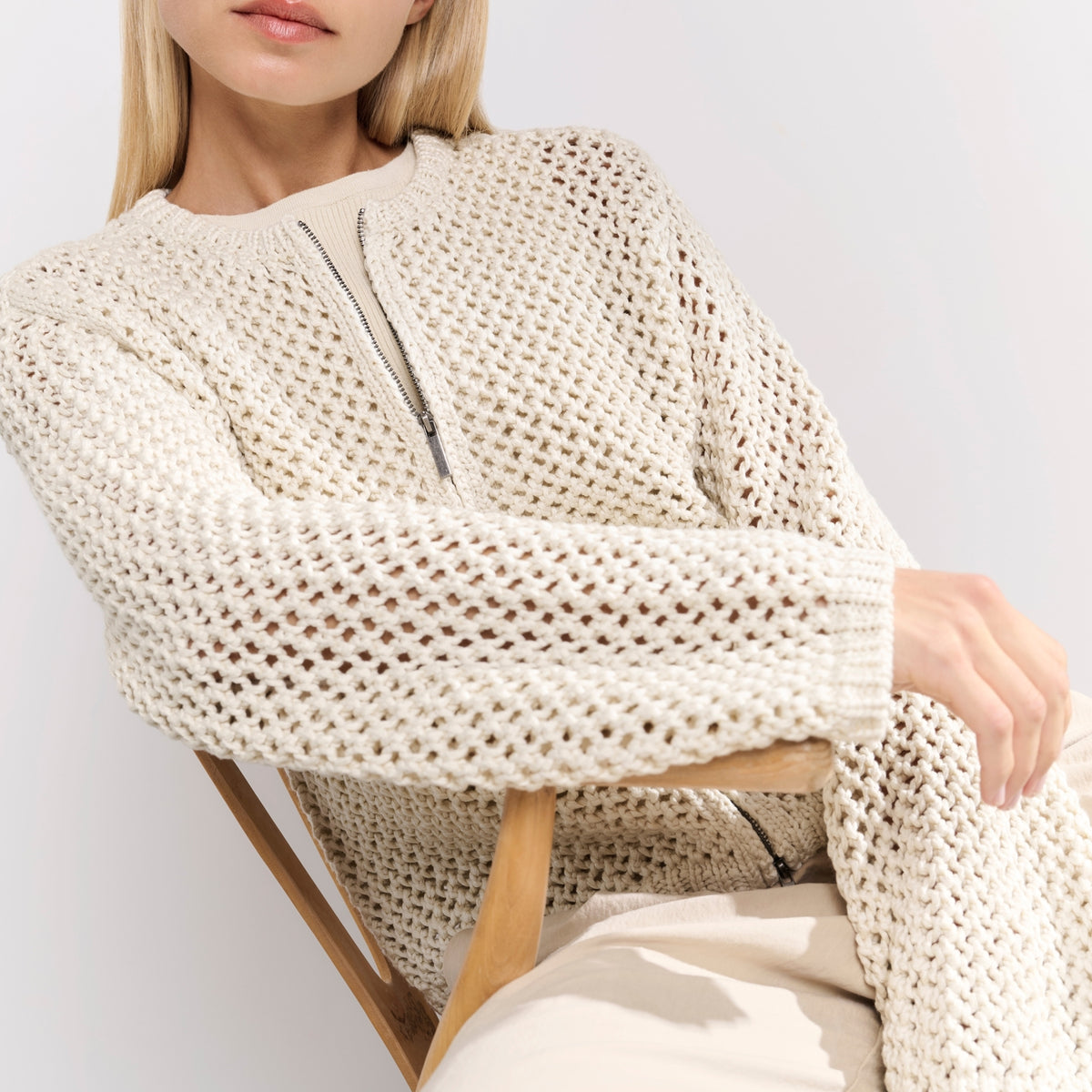 Beige Open Stitch Cardigan Mesh Stitch Cardigan With Zipper And