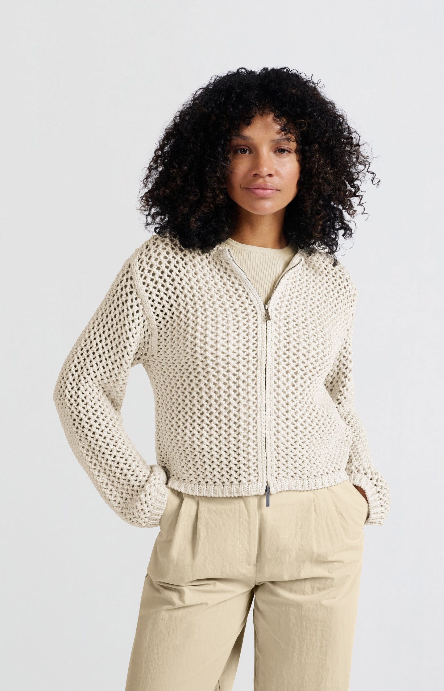 Mesh stitch cardigan with zipper and regular fit