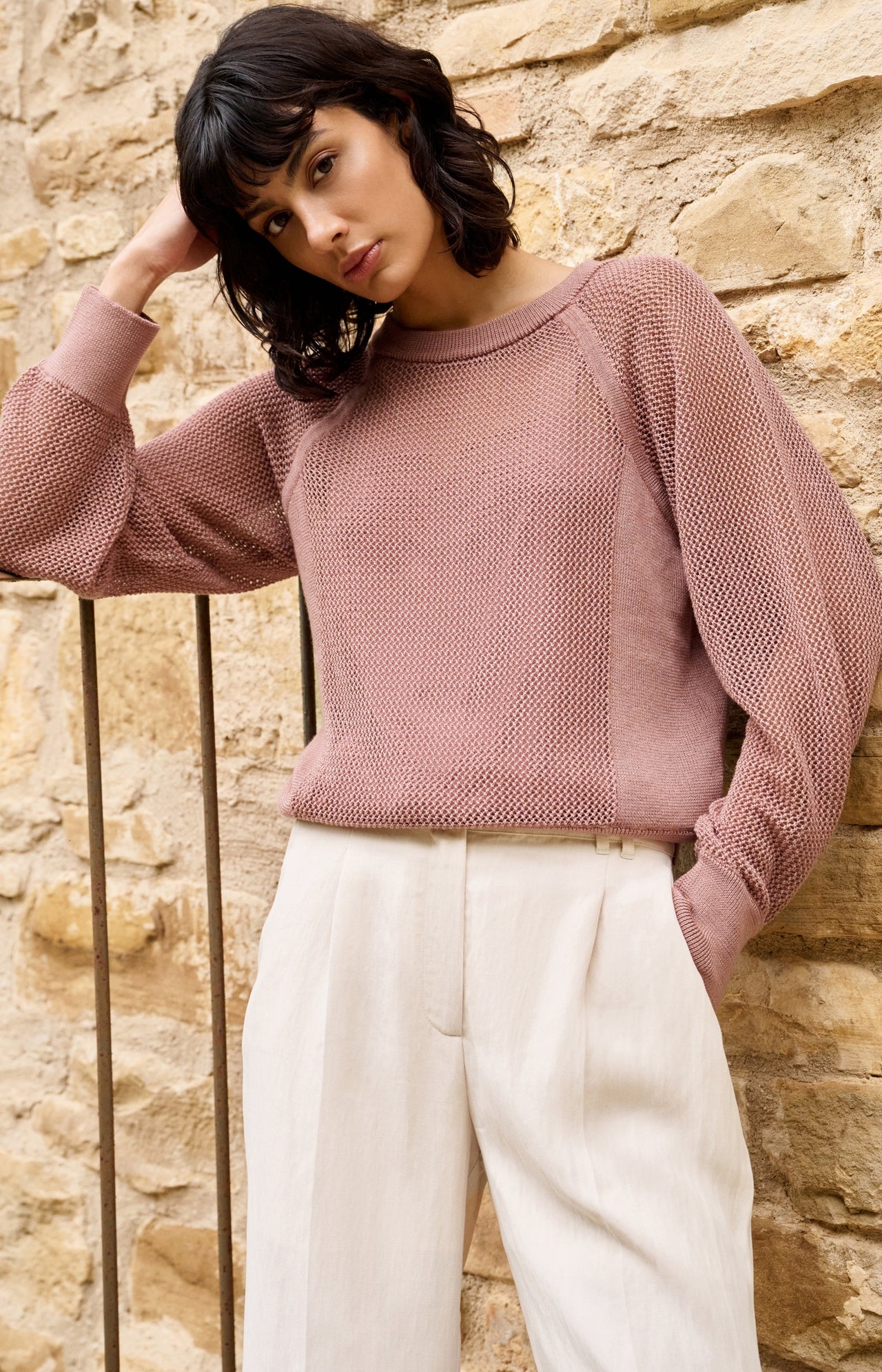 Mesh-stitch knitted sweater with raglan sleeves