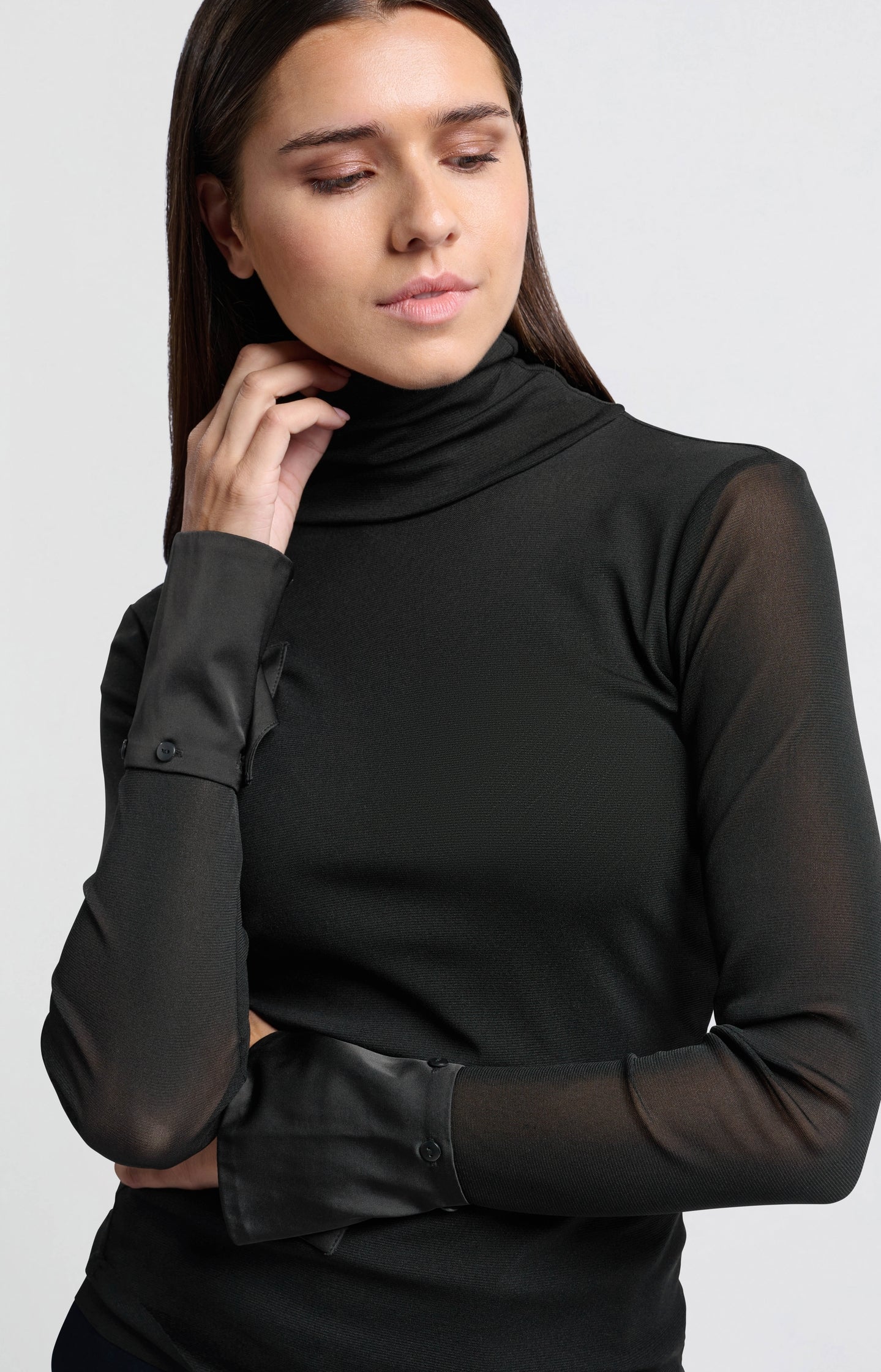 Mesh top with turtleneck and removable cuffs