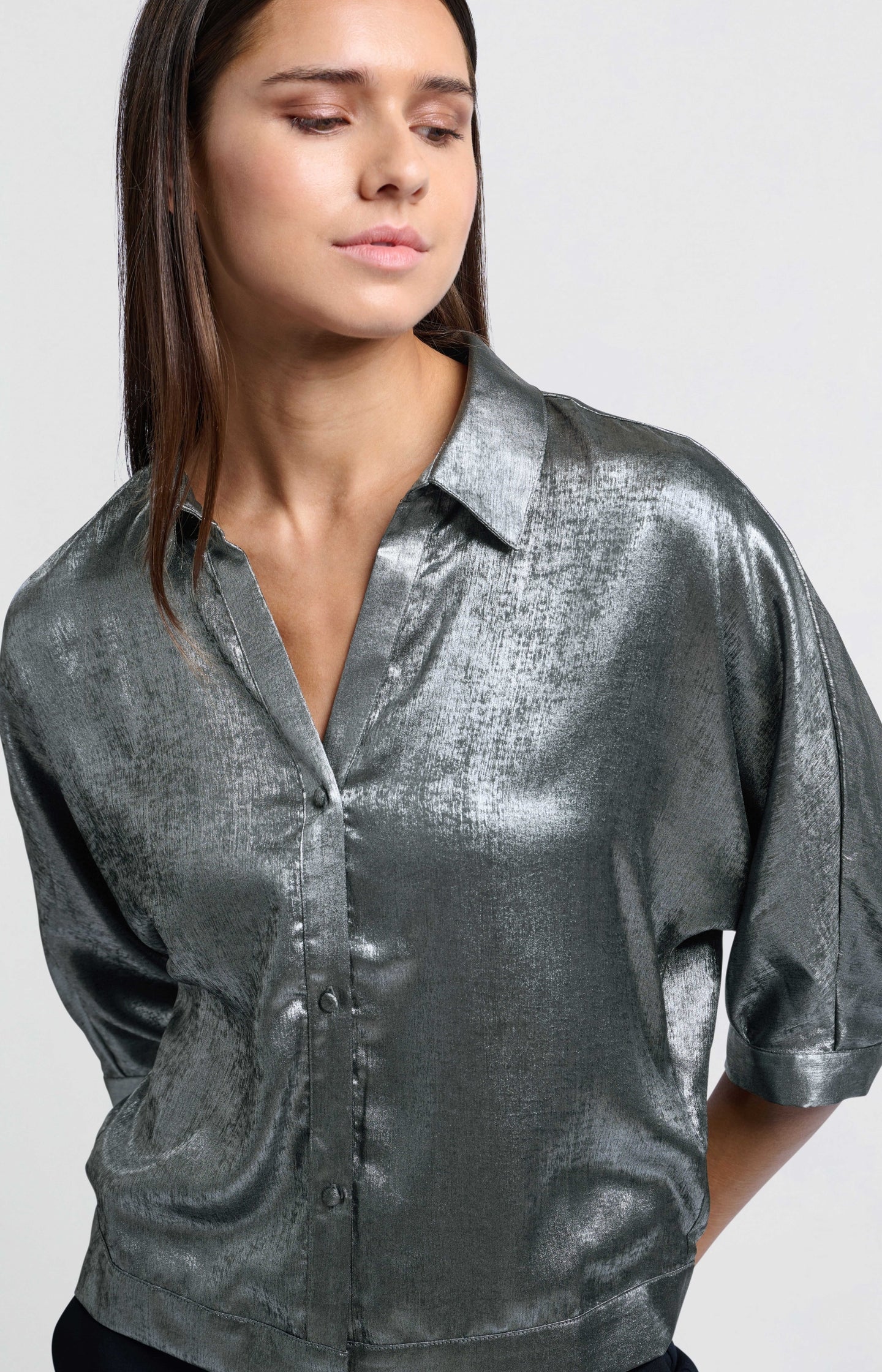 Metallic blouse with three-quarter batwing sleeves