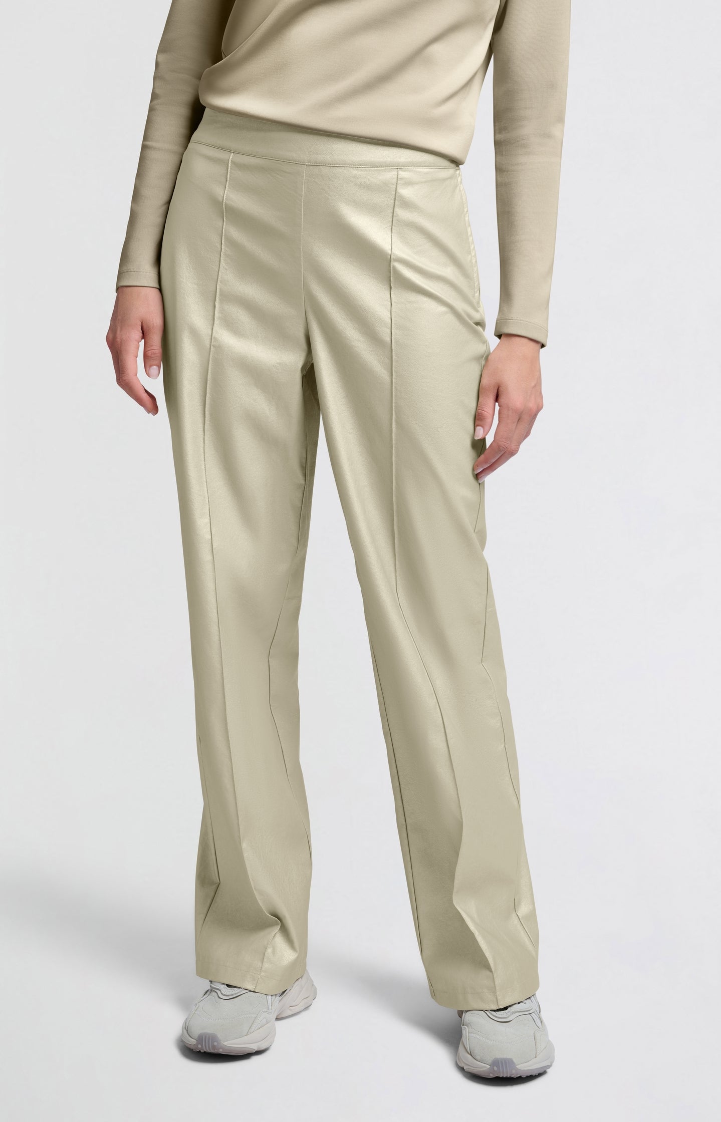 Metallic faux leather pants with wide legs and regular fit