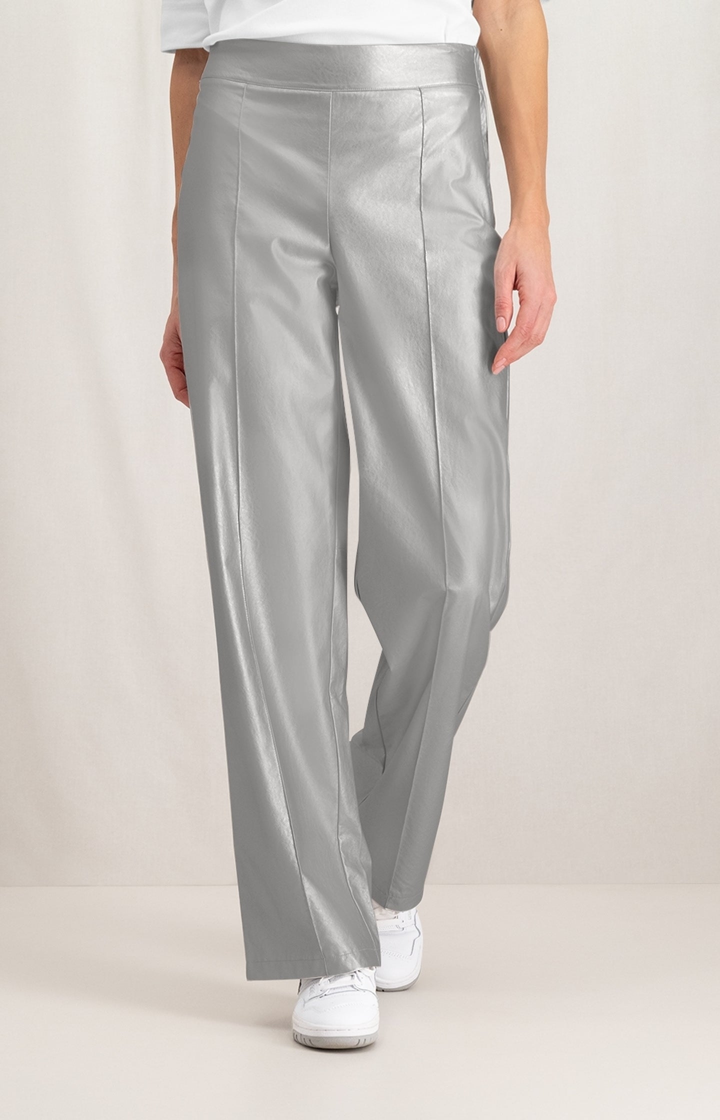 Metallic faux leather trousers with wide leg and zip