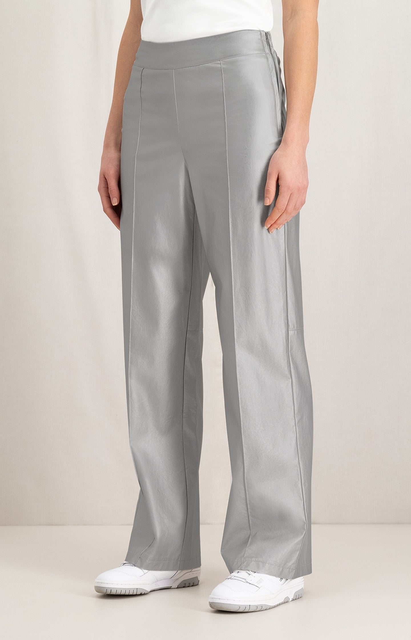 Metallic faux leather trousers with wide leg and zip