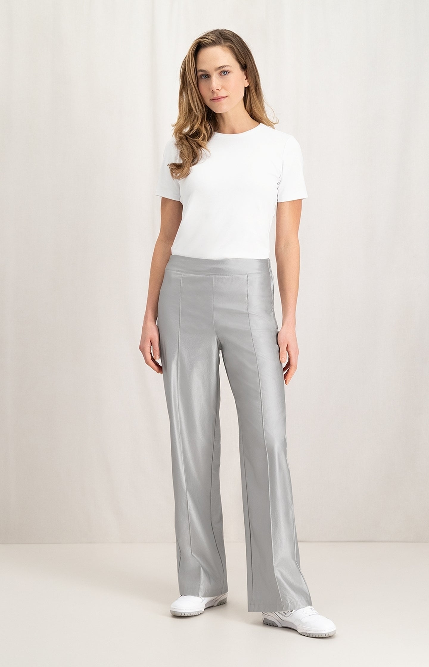 Metallic faux leather trousers with wide leg and zip