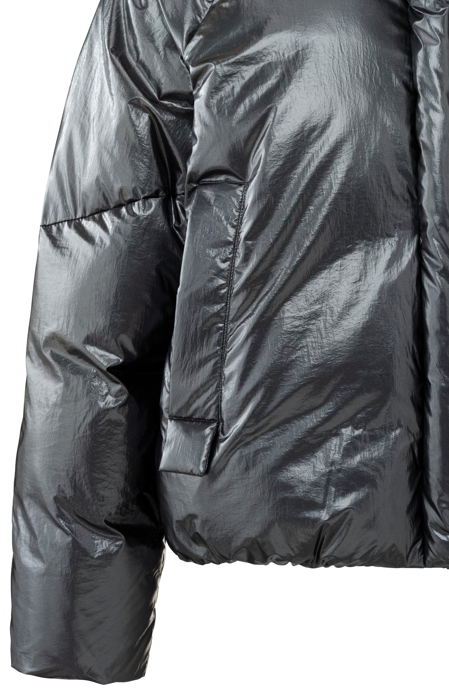 Metallic oversized puffer with high collar and pockets