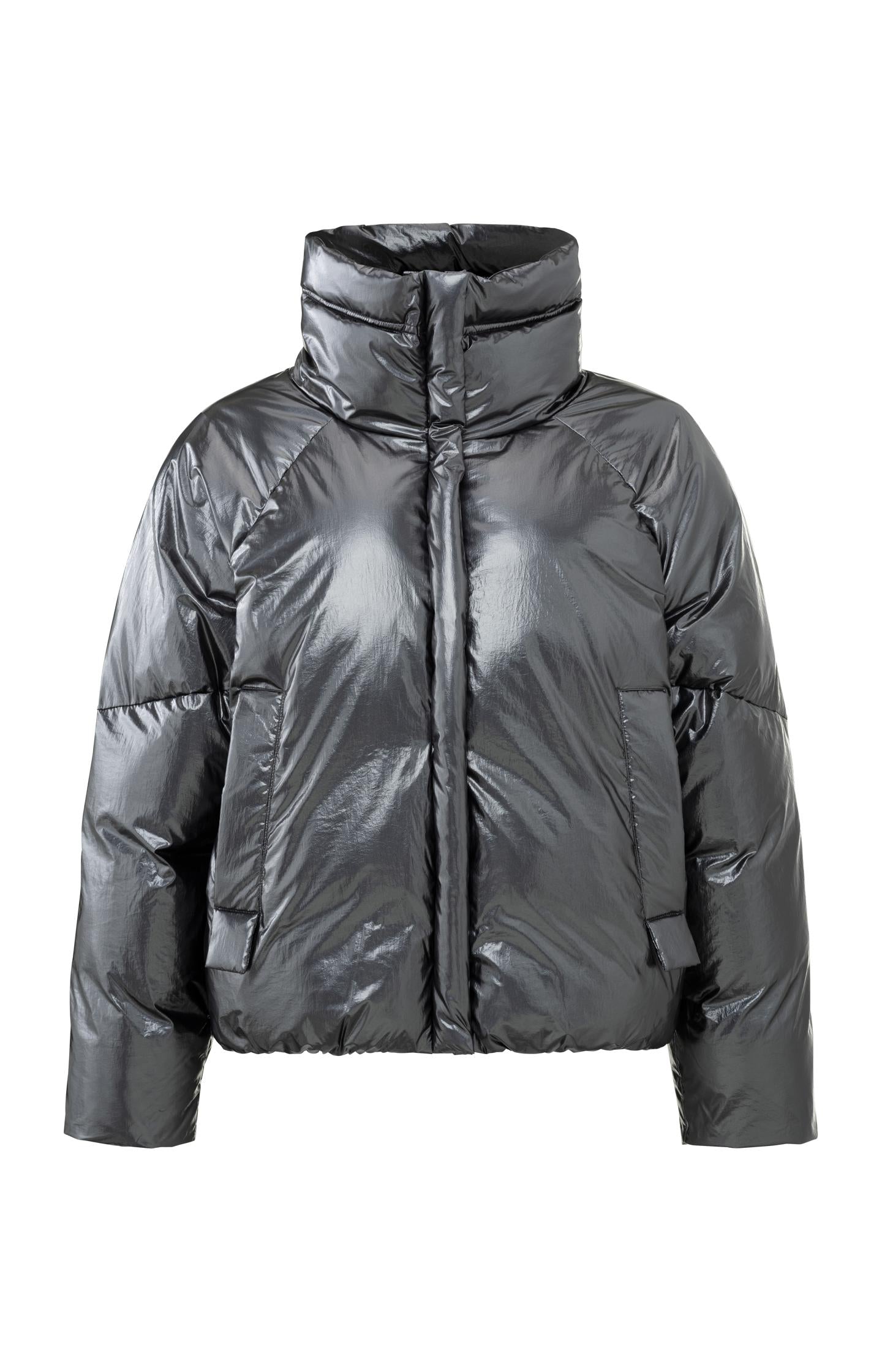 Metallic oversized puffer with high collar and pockets - Type: product