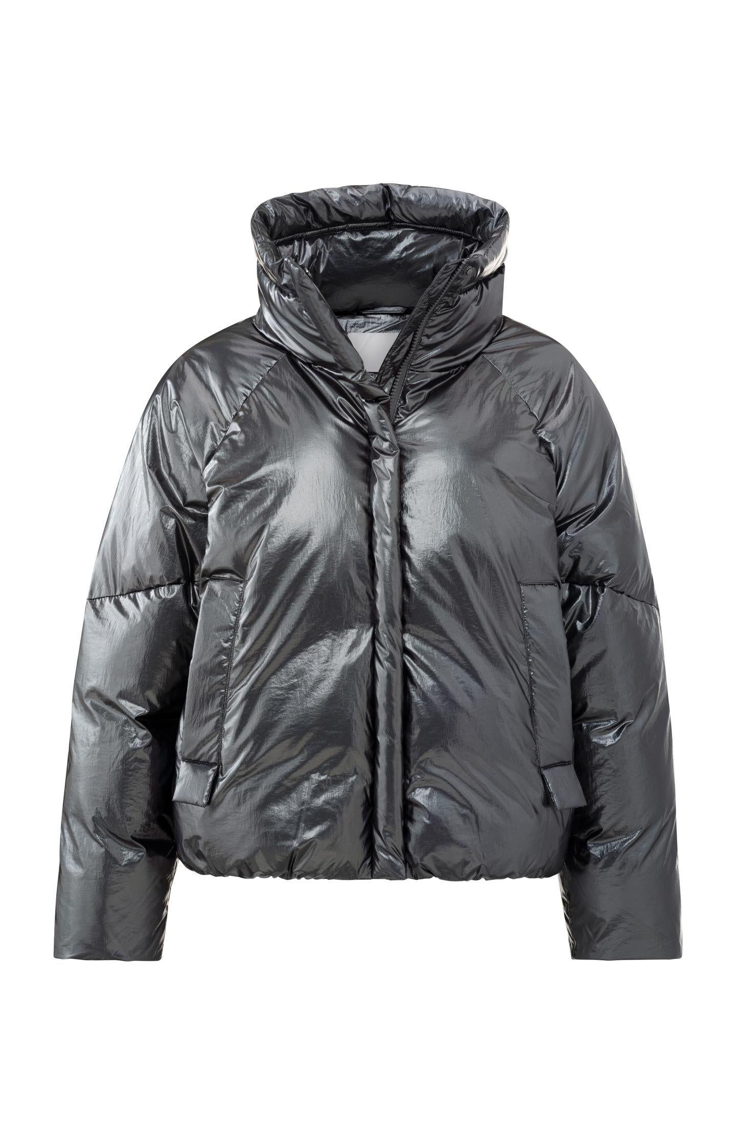 Metallic oversized puffer with high collar and pockets