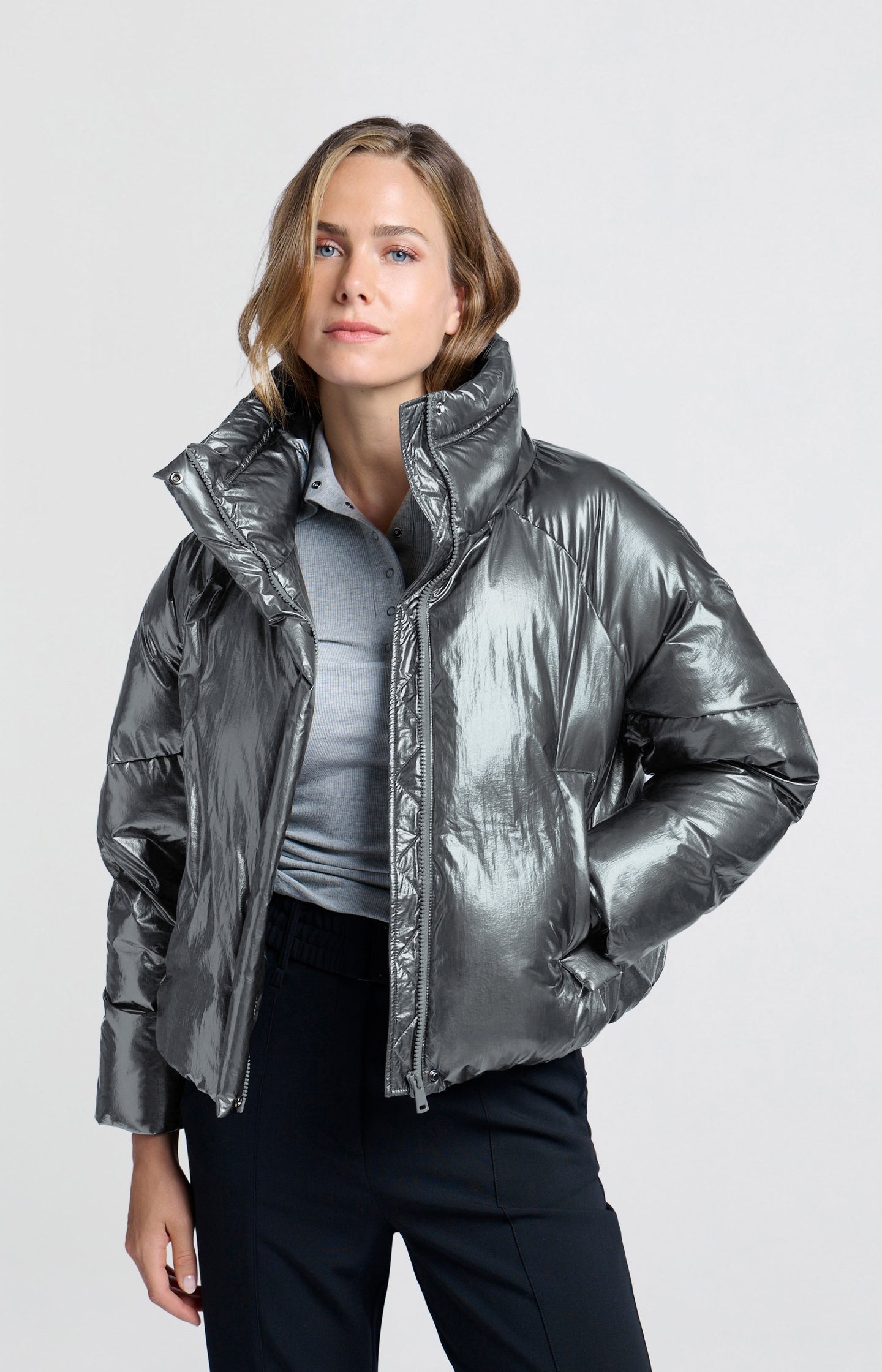 Metallic oversized puffer with high collar and pockets