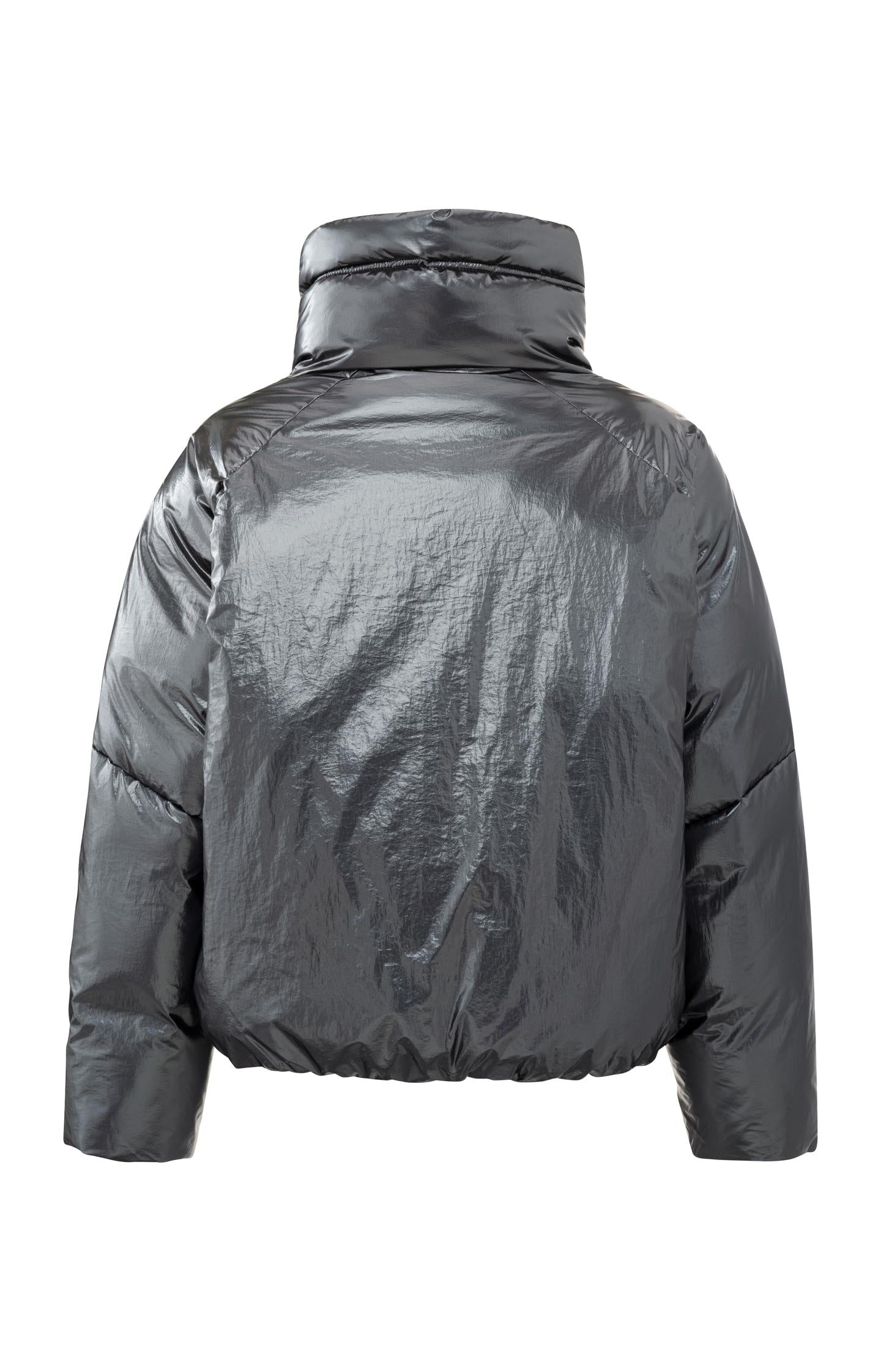 Metallic oversized puffer with high collar and pockets