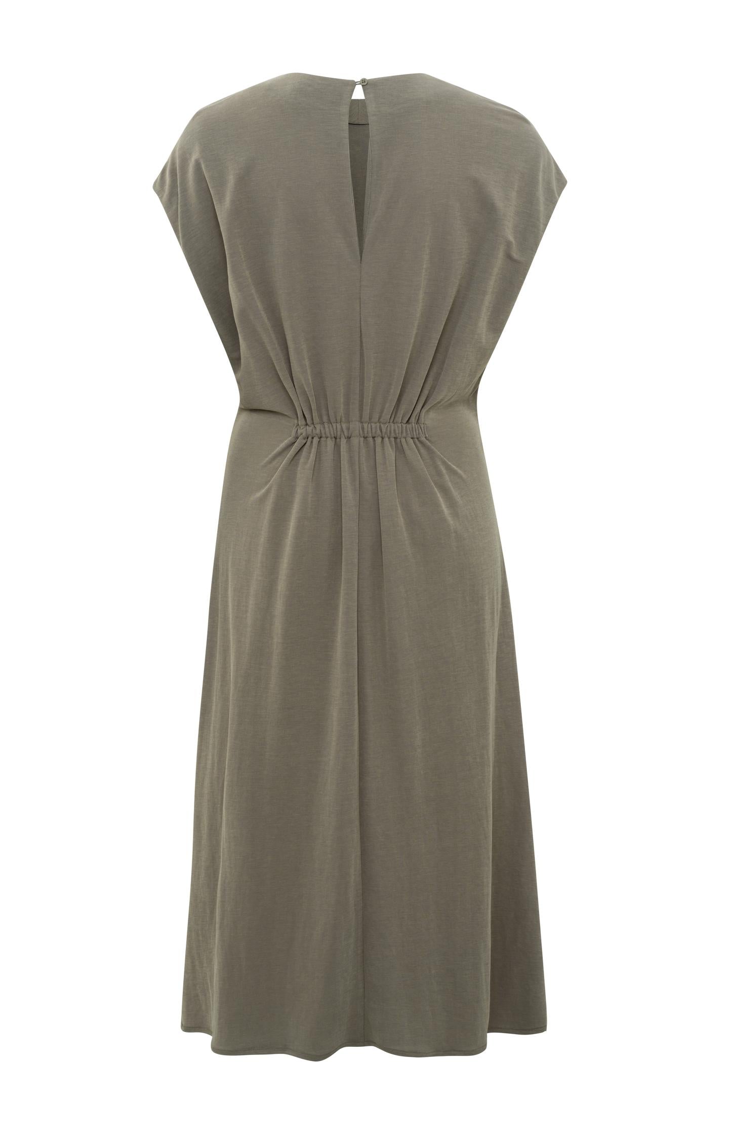 Midi dress with cap sleeves, faux wrap and pleated details