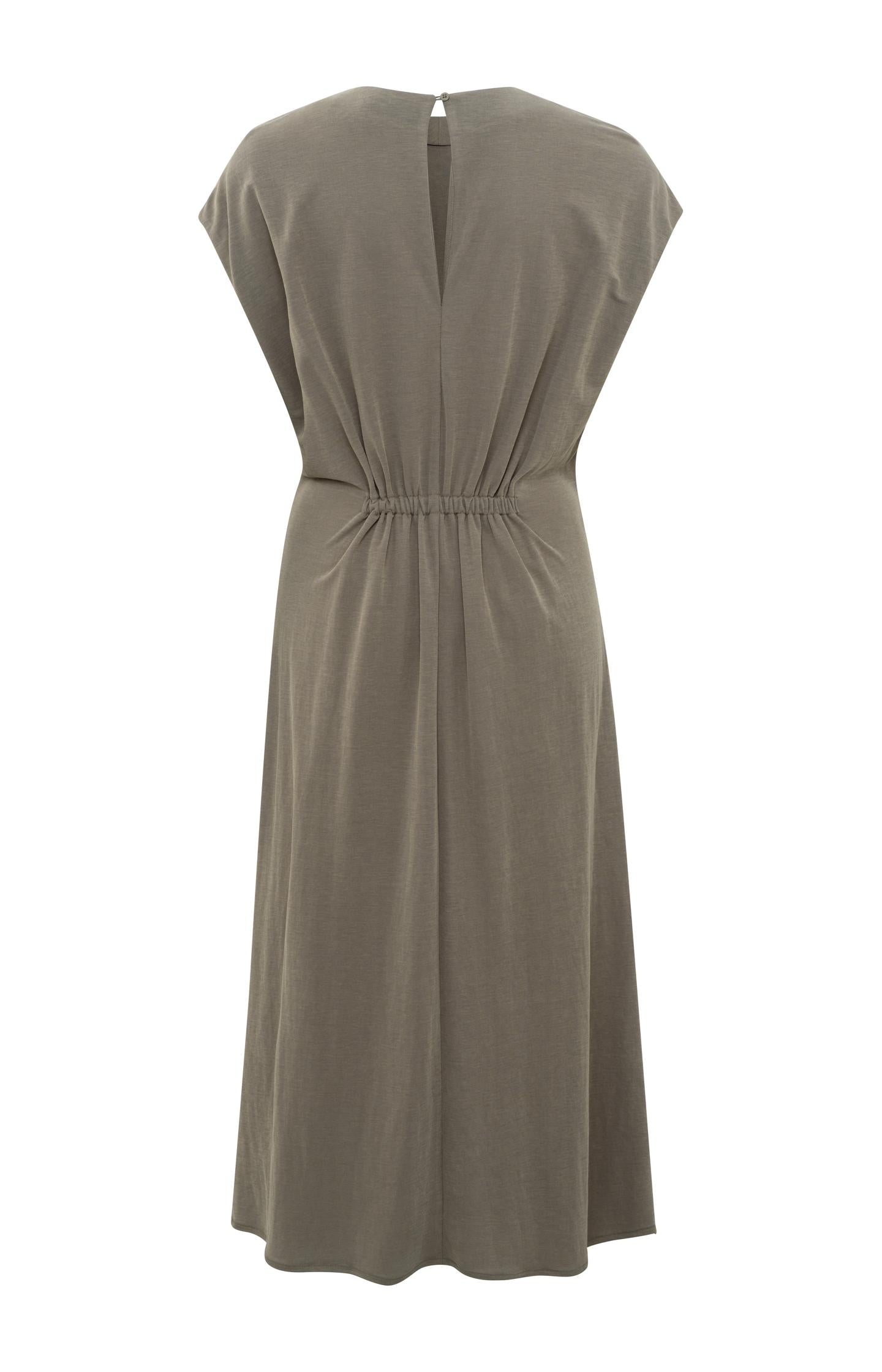 Midi dress with cap sleeves, faux wrap and pleated details