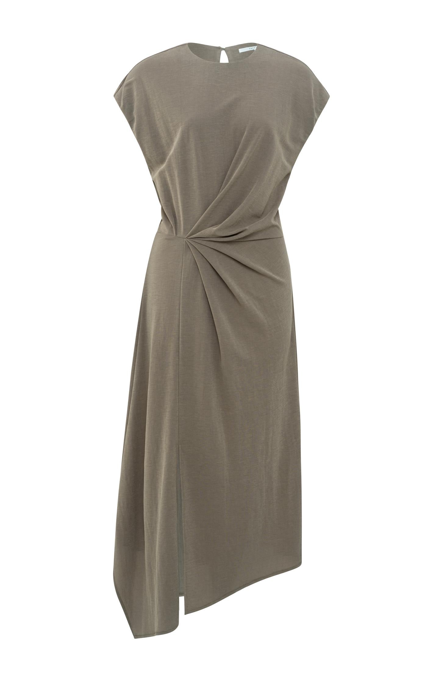 Midi dress with cap sleeves, faux wrap and pleated details - Type: product