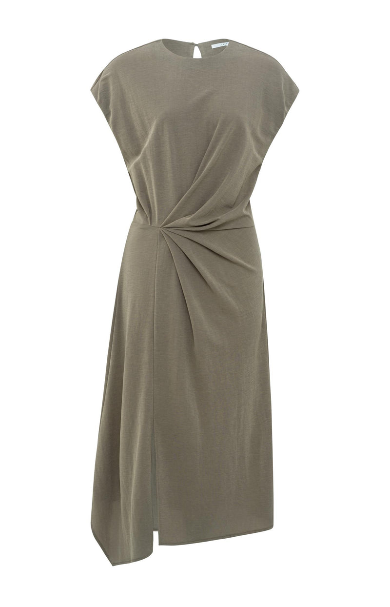 Midi dress with cap sleeves, faux wrap and pleated details - Type: product