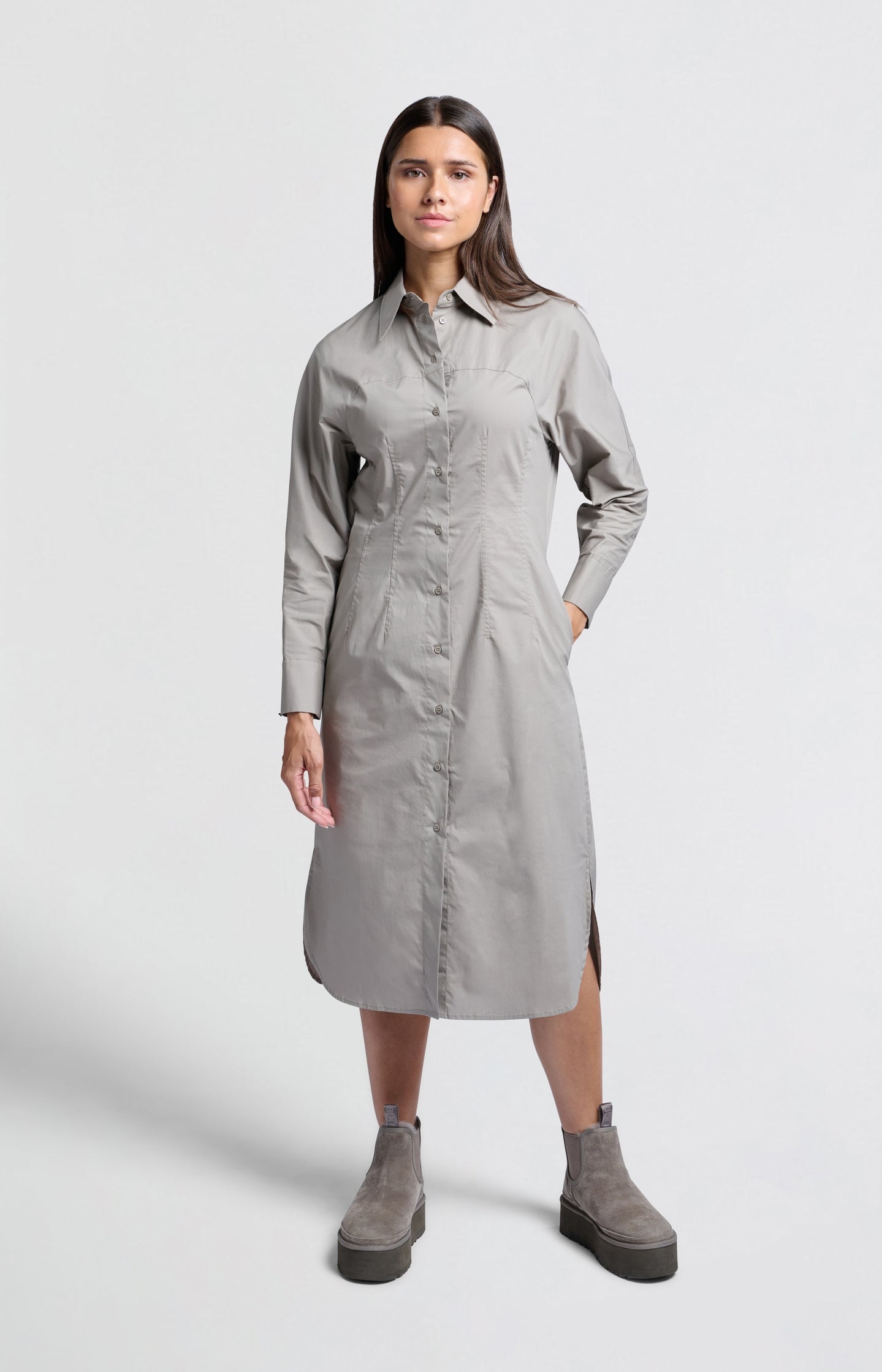 Midi shirt dress with buttons, collar and long sleeves