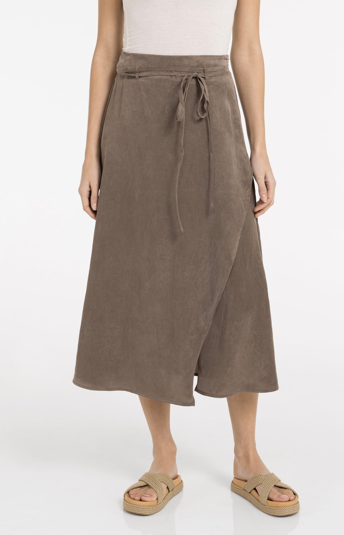 Midi skirt with wrap effect and tie belt