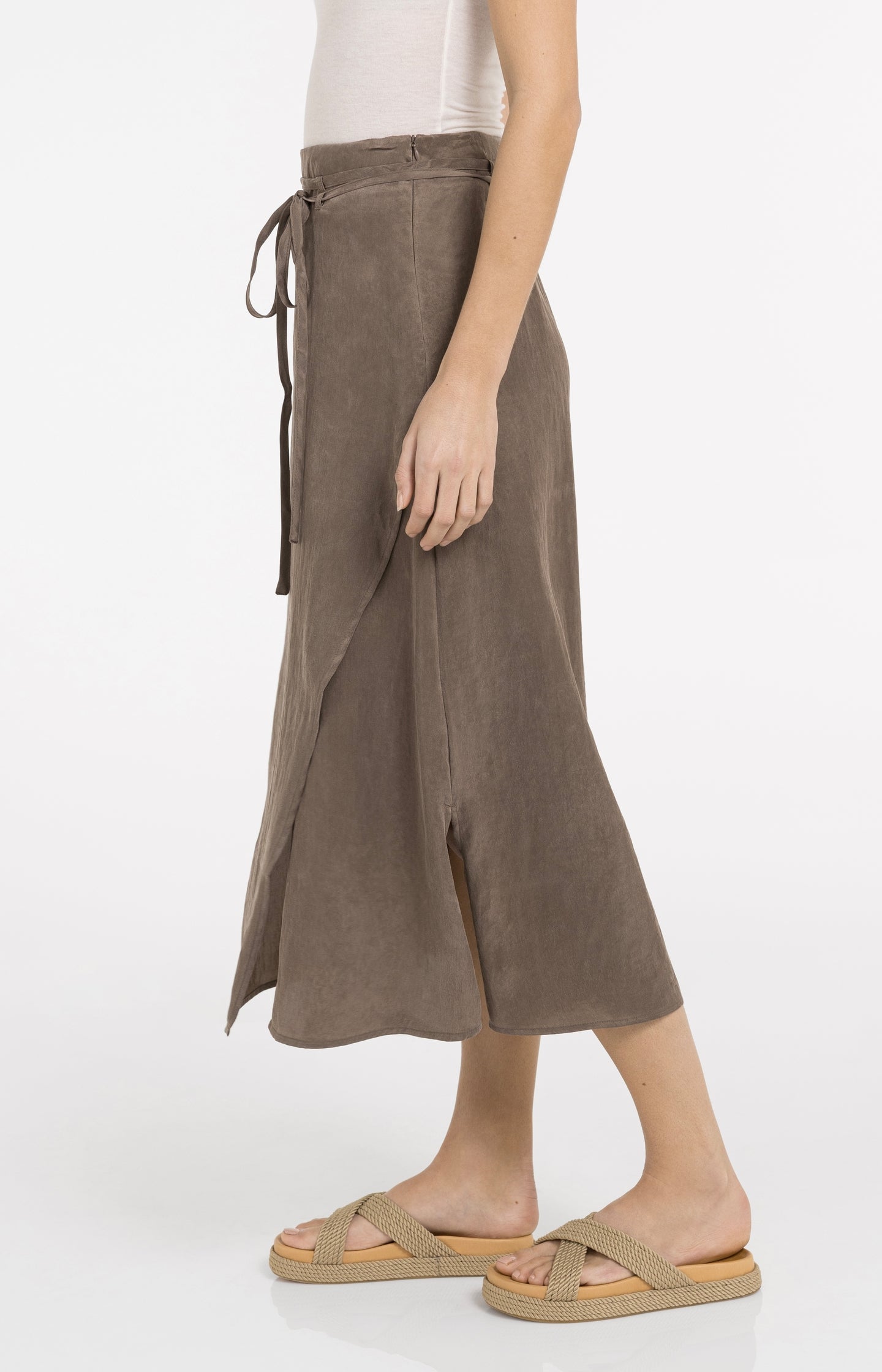 Midi skirt with wrap effect and tie belt