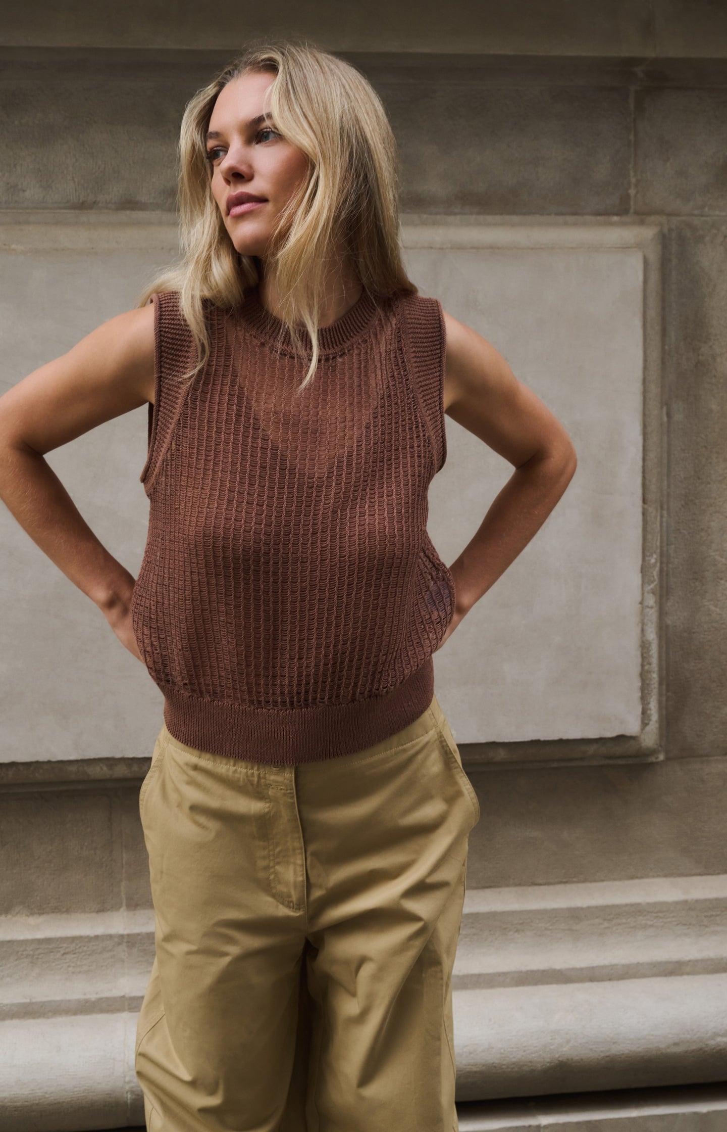Open-knit top with matching underlayer