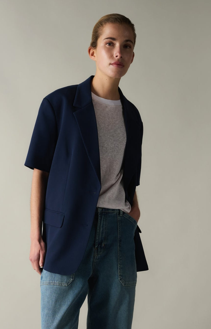 Oversized blazer with short sleeves and lapel collar - Blue