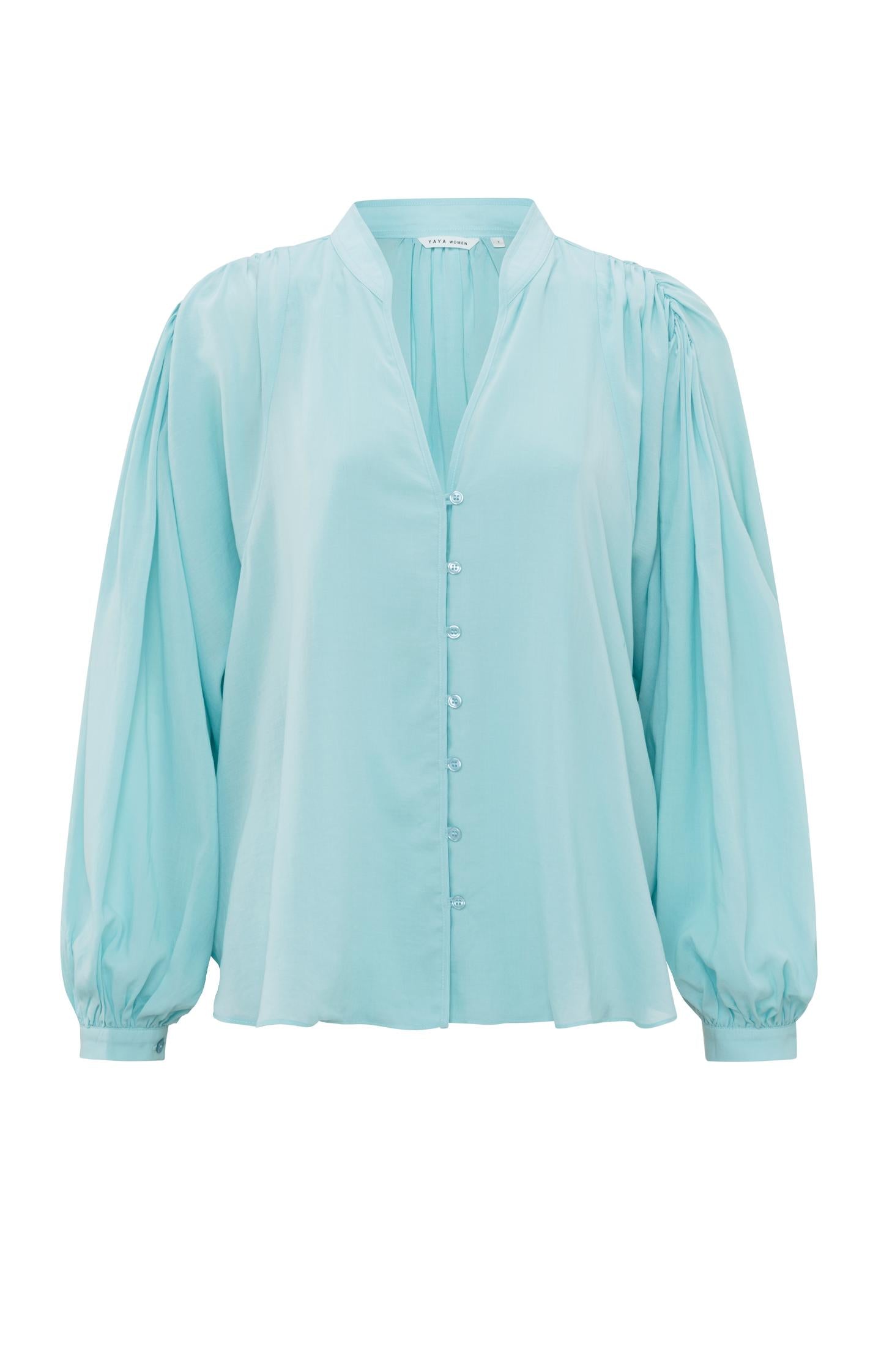 Oversized blouse with V-neck, big balloon sleeves and button - Type: product