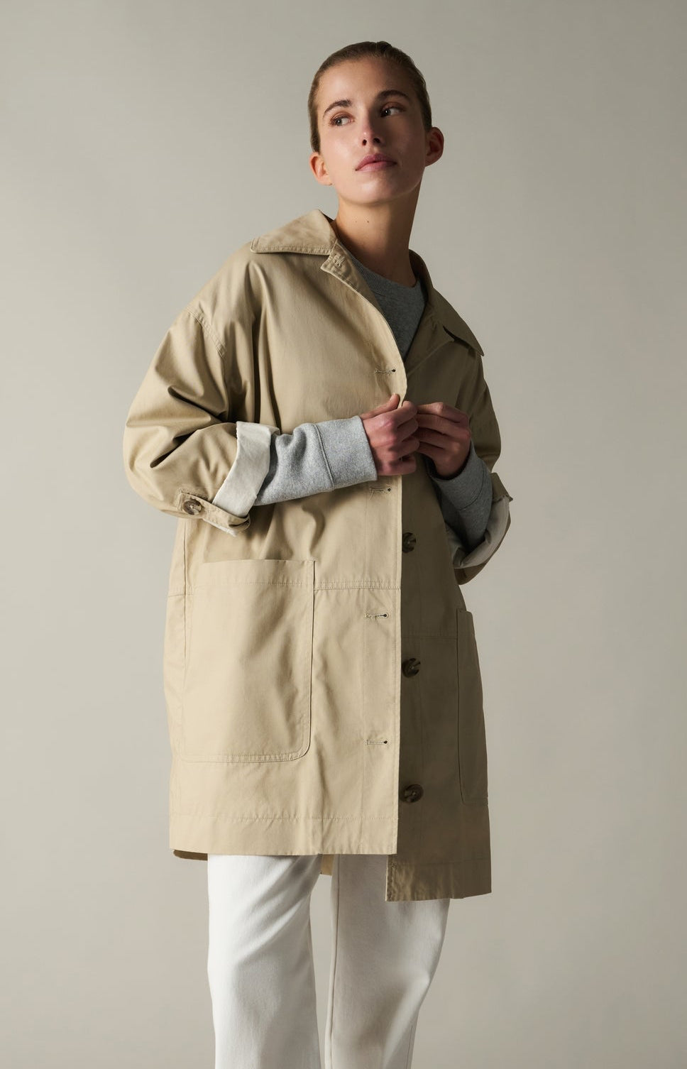 Oversized cotton jacket with buttons and patch pockets