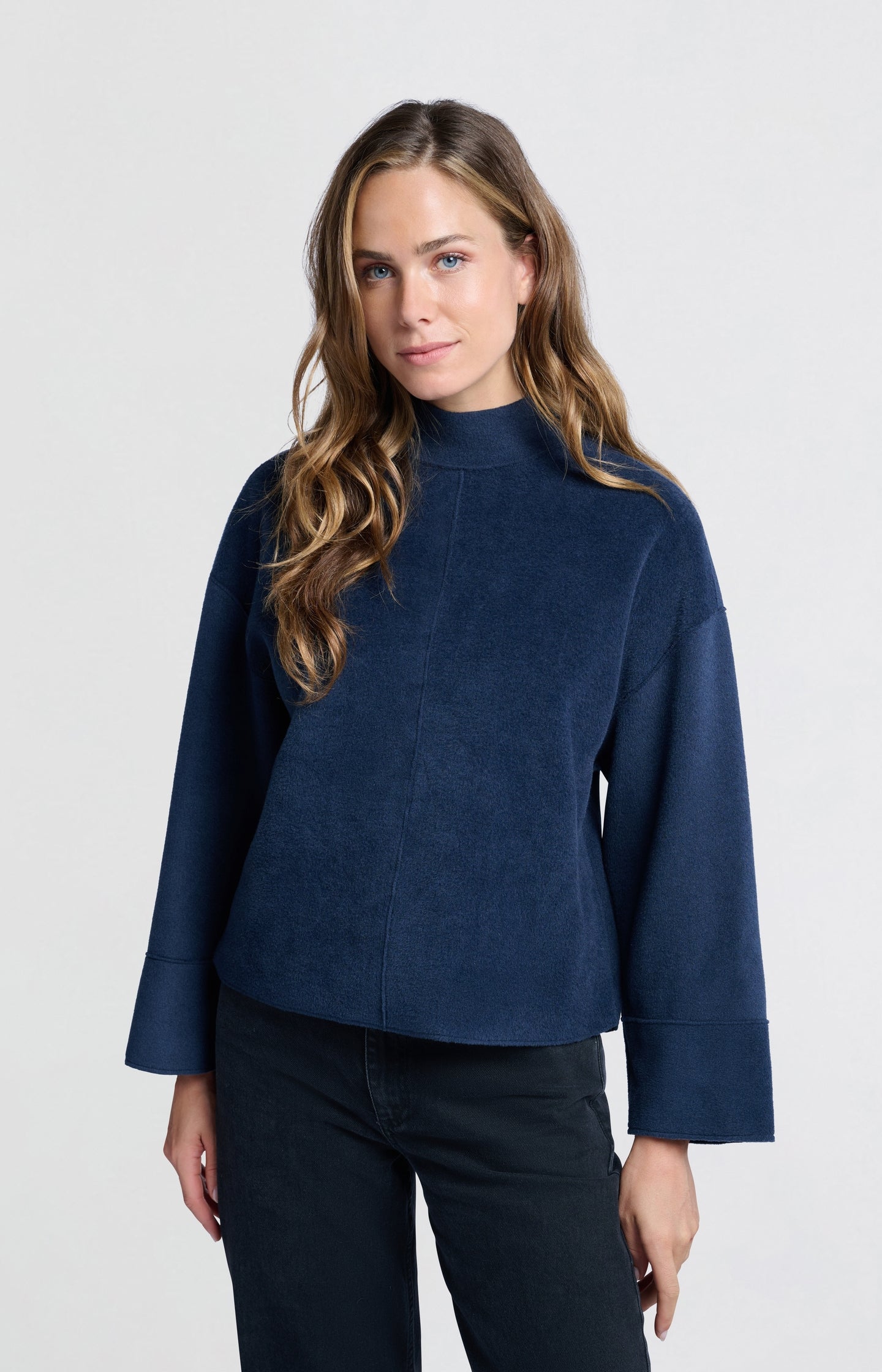 Oversized dark blue sweatshirt with high neck