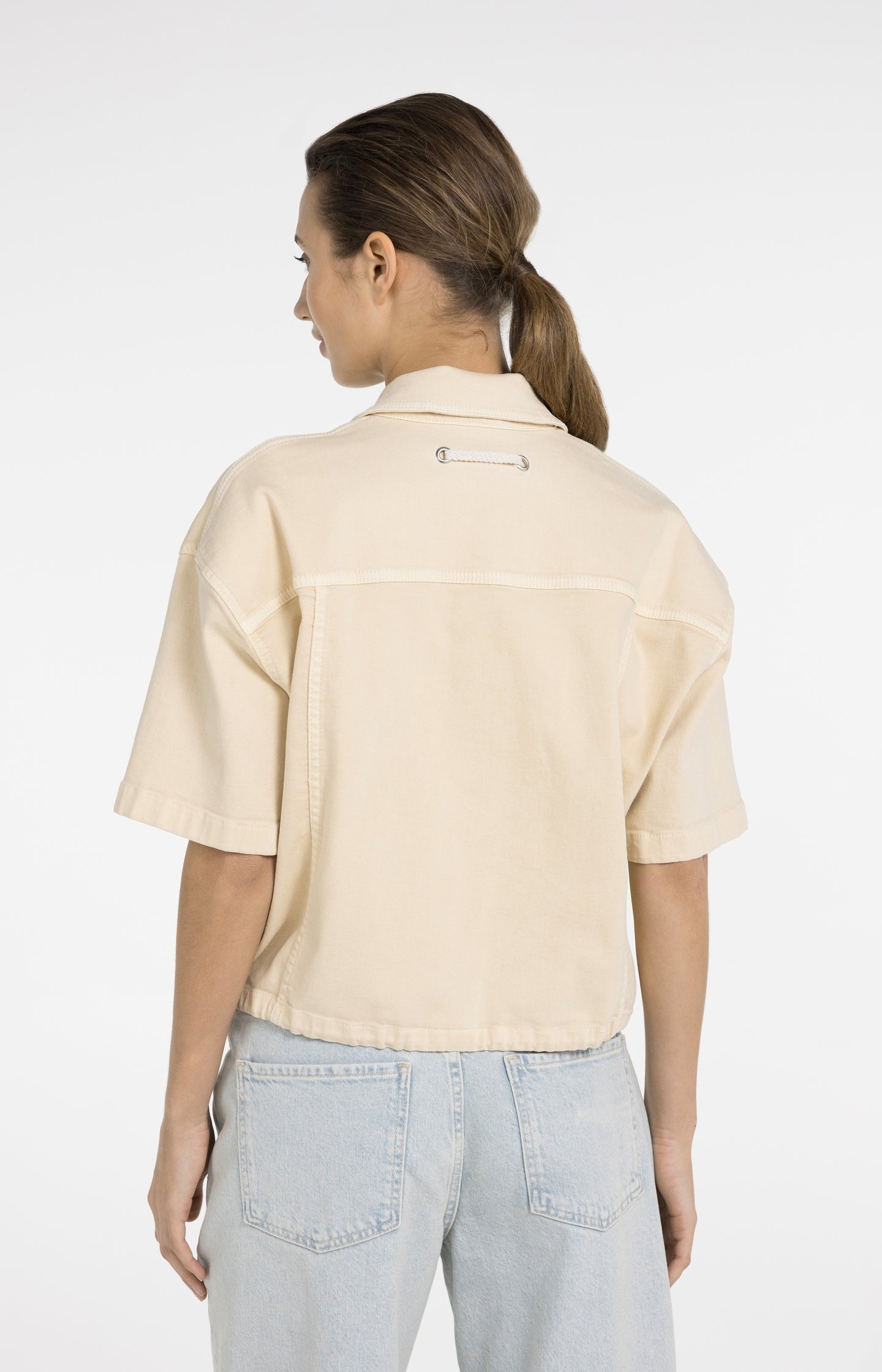 Oversized denim worker jacket with short sleeves